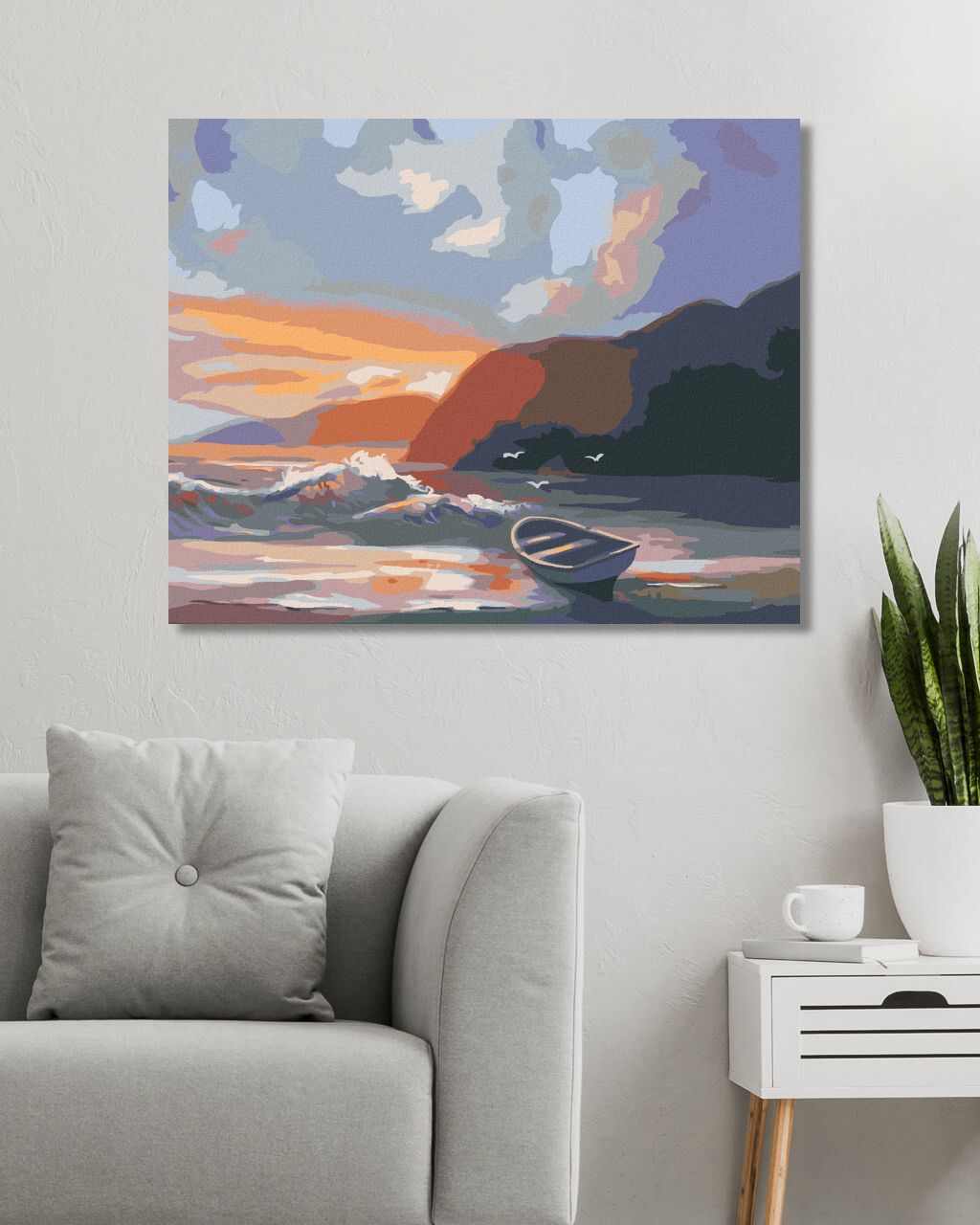 zuty Malování podle čísel - LOĎKA NA POBŘEŽÍ, VLNY A ZÁPAD SLUNCE (D. RUSTY RUST) - Rozměr: 40x50 cm, Rámování: Varianta: vypnuté plátno na rám - obrázek 4