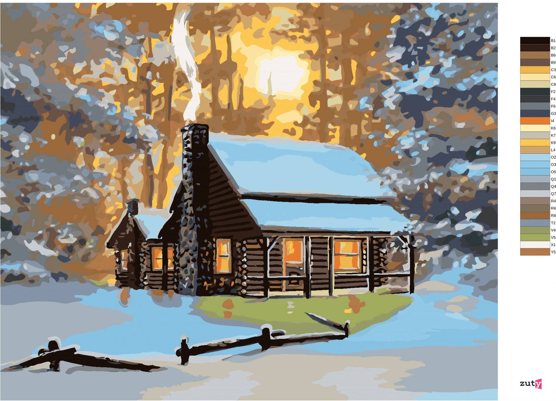 zuty Malování podle čísel - CHATA V ZIMĚ A ZÁPAD SLUNCE (D. RUSTY RUST) - Rozměr: 40x50 cm, Rámování: Varianta: bez rámu a bez vypnutí plátna - obrázek 4