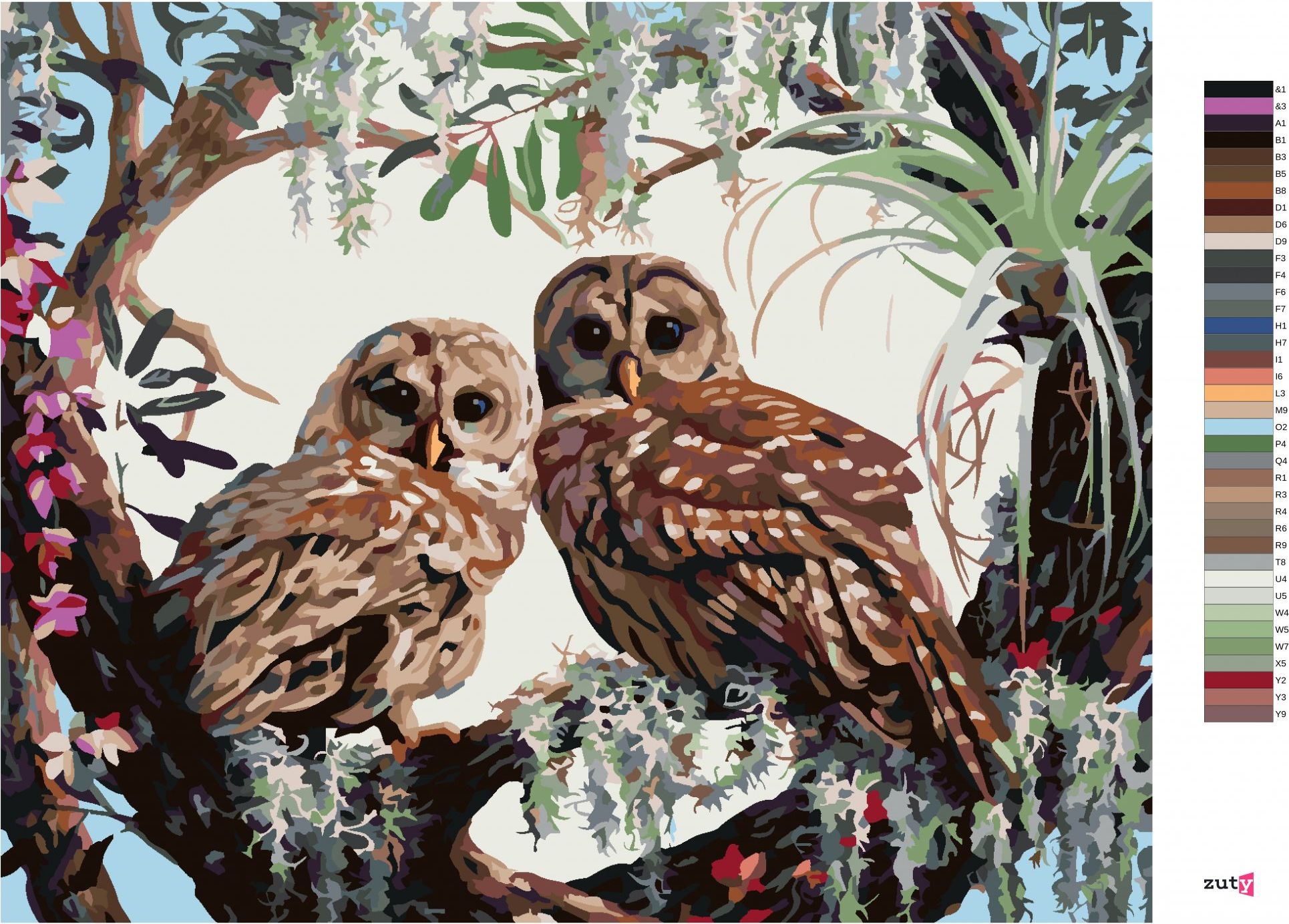 zuty Malování podle čísel - SOVY A SRDCE Z VĚTVÍ (D. RUSTY RUST) - Rozměr: 40x50 cm, Rámování: Varianta: vypnuté plátno na rám - obrázek 5