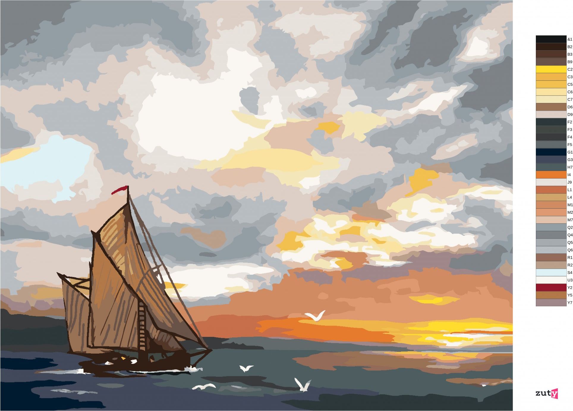 zuty Malování podle čísel - PLACHETNICE NA MOŘI A ZÁPAD SLUNCE (D. RUSTY RUST) - Rozměr: 40x50 cm, Rámování: Varianta: vypnuté plátno na rám - obrázek 3