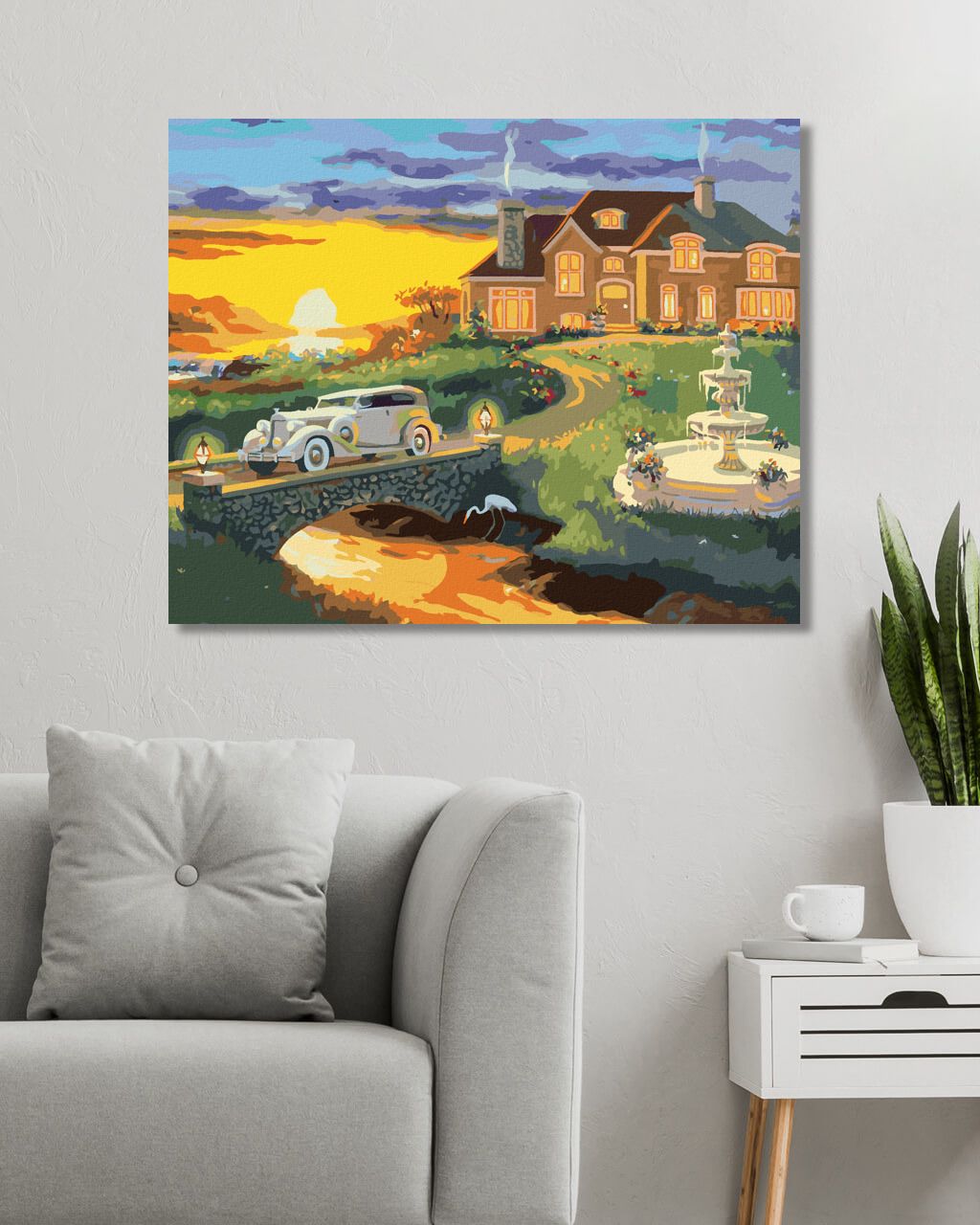 zuty Malování podle čísel - BÍLÉ AUTO ODJÍŽDĚJÍCÍ OD DOMU A ZÁPAD SLUNCE (D. RUSTY RUST) - Rozměr: 40x50 cm, Rámování: Varianta: bez rámu a bez vypnutí plátna - obrázek 2