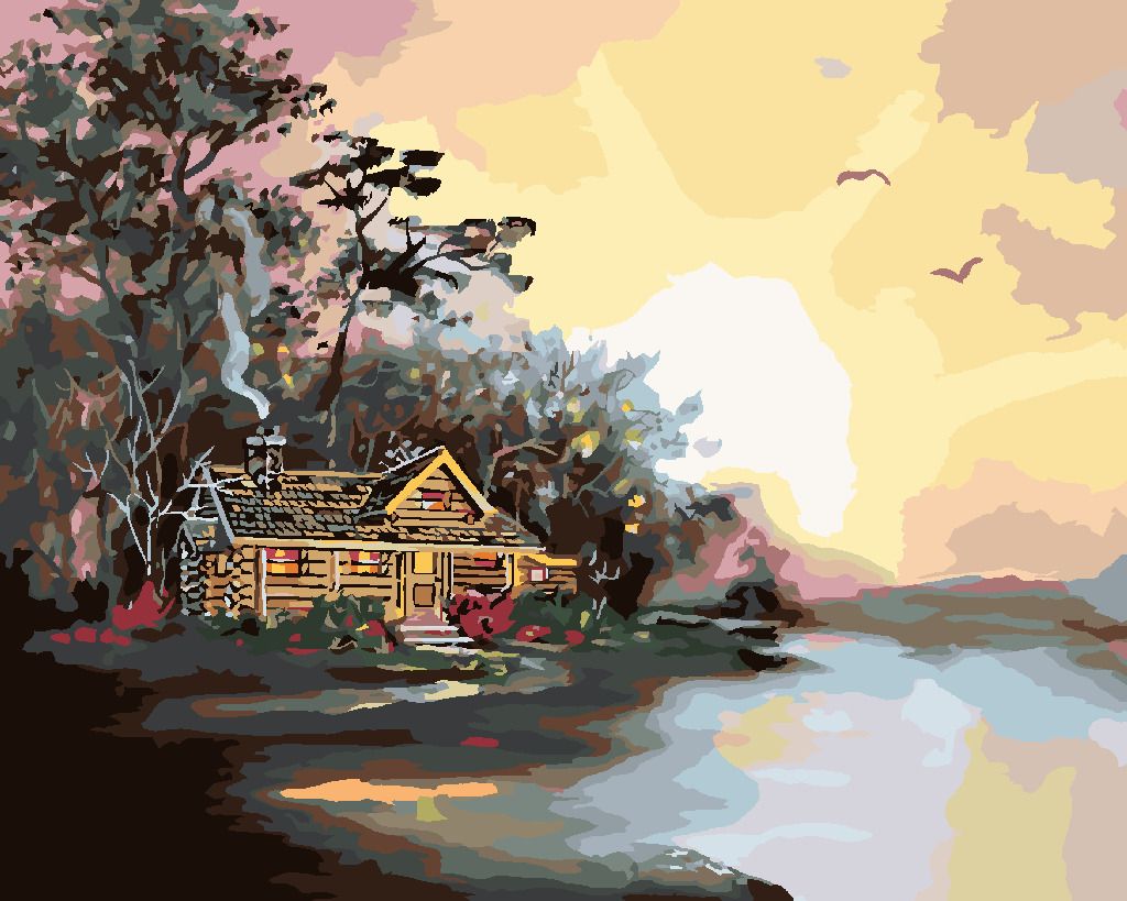 zuty Malování podle čísel - CHATA U JEZERA A ČERVÁNKY (D. RUSTY RUST) - Rozměr: 40x50 cm, Rámování: Varianta: bez rámu a bez vypnutí plátna - obrázek 2