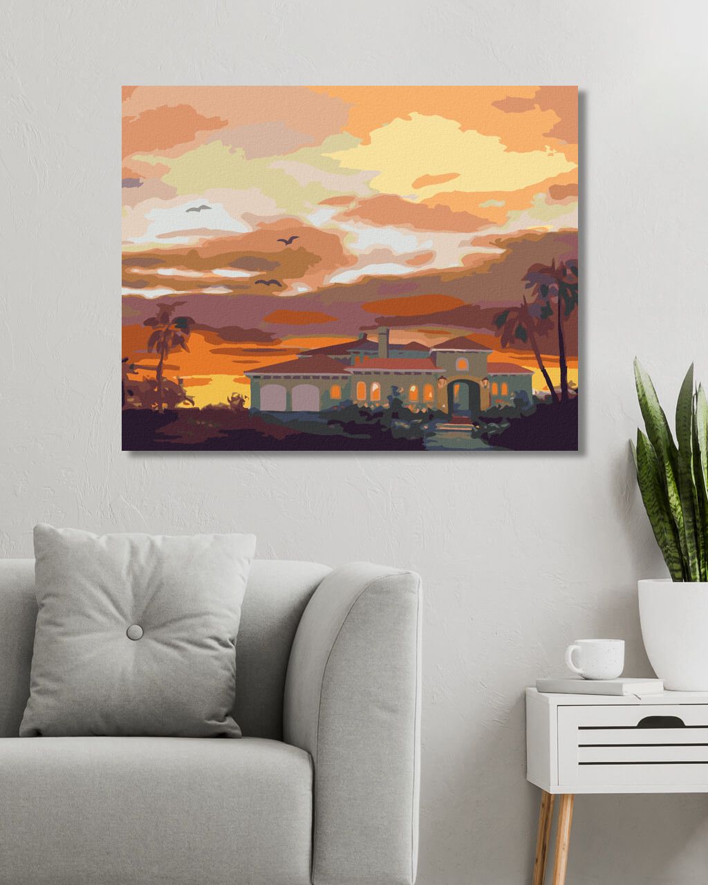 zuty Malování podle čísel - DŮM, PALMY A ZÁPAD SLUNCE (D. RUSTY RUST) - Rozměr: 40x50 cm, Rámování: Varianta: vypnuté plátno na rám - obrázek 6
