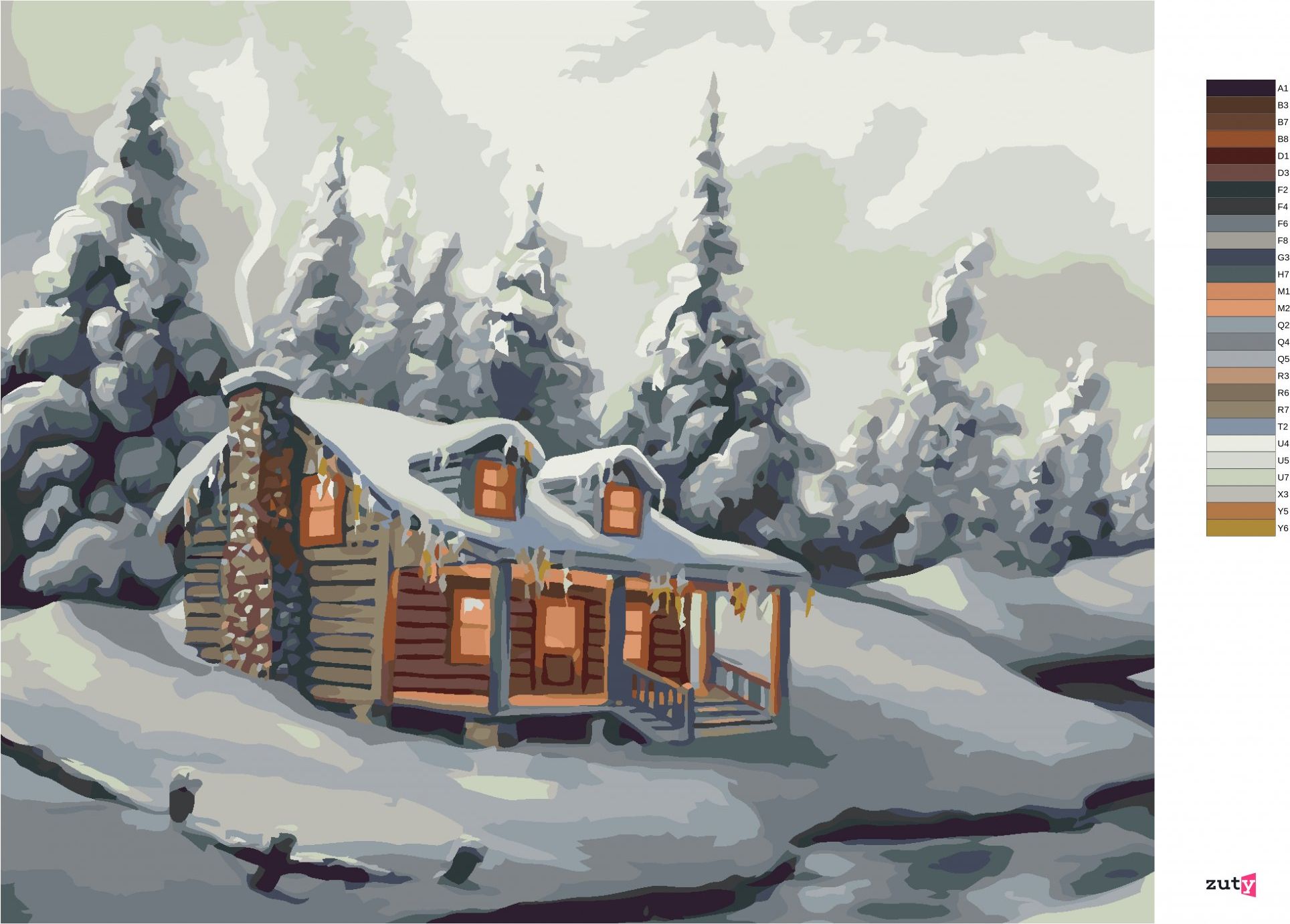 zuty Malování podle čísel - ZASNĚŽENÉ STROMY, ŘEKA A CHATA V ZIMĚ (D. RUSTY RUST) - Rozměr: 40x50 cm, Rámování: Varianta: vypnuté plátno na rám - obrázek 7