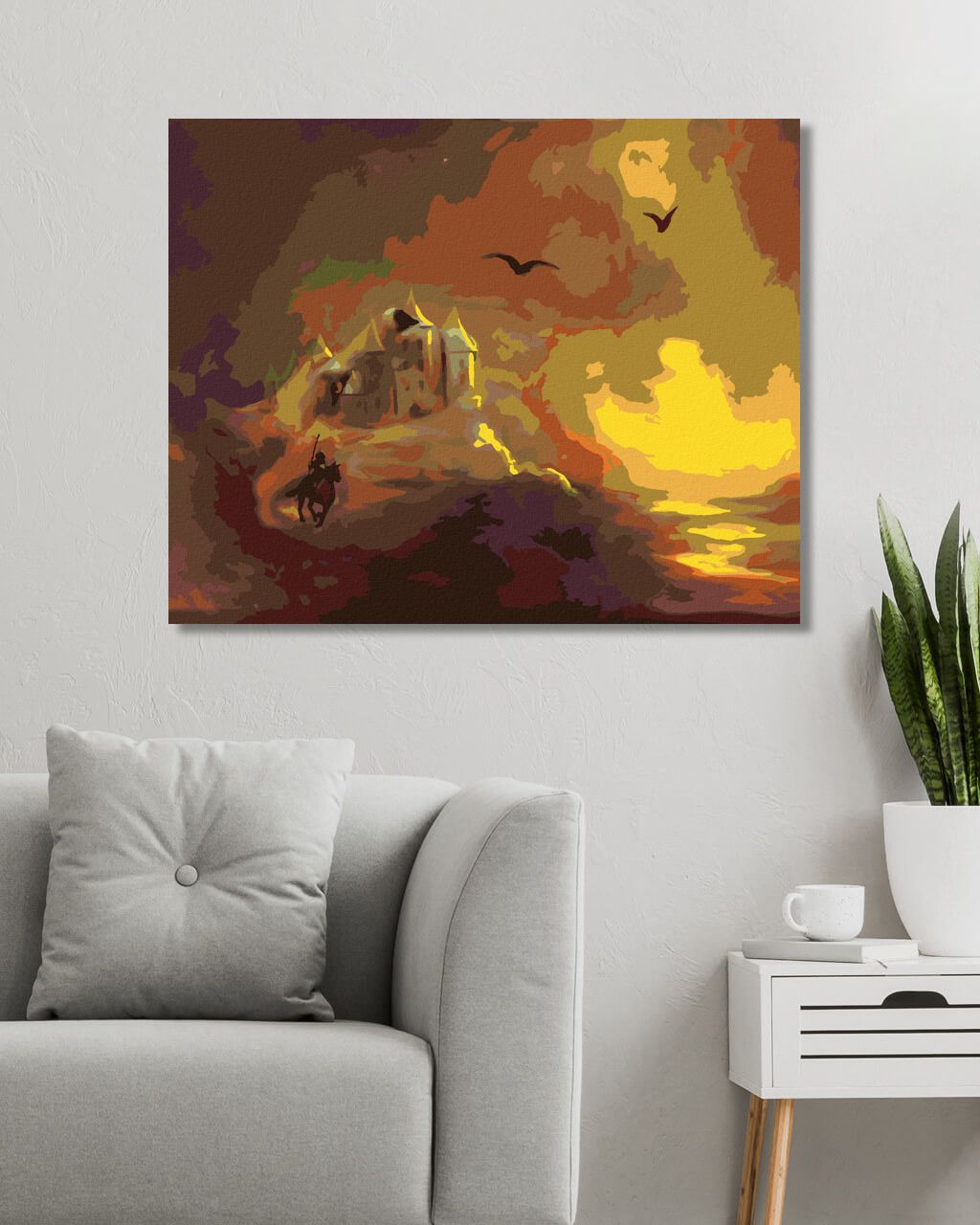 zuty Malování podle čísel - HRAD, RYTÍŘ A ZÁPAD SLUNCE (D. RUSTY RUST) - Rozměr: 40x50 cm, Rámování: Varianta: vypnuté plátno na rám - obrázek 3