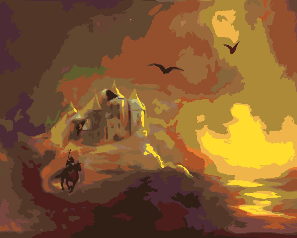 zuty Malování podle čísel - HRAD, RYTÍŘ A ZÁPAD SLUNCE (D. RUSTY RUST) - Rozměr: 40x50 cm, Rámování: Varianta: vypnuté plátno na rám - obrázek 4