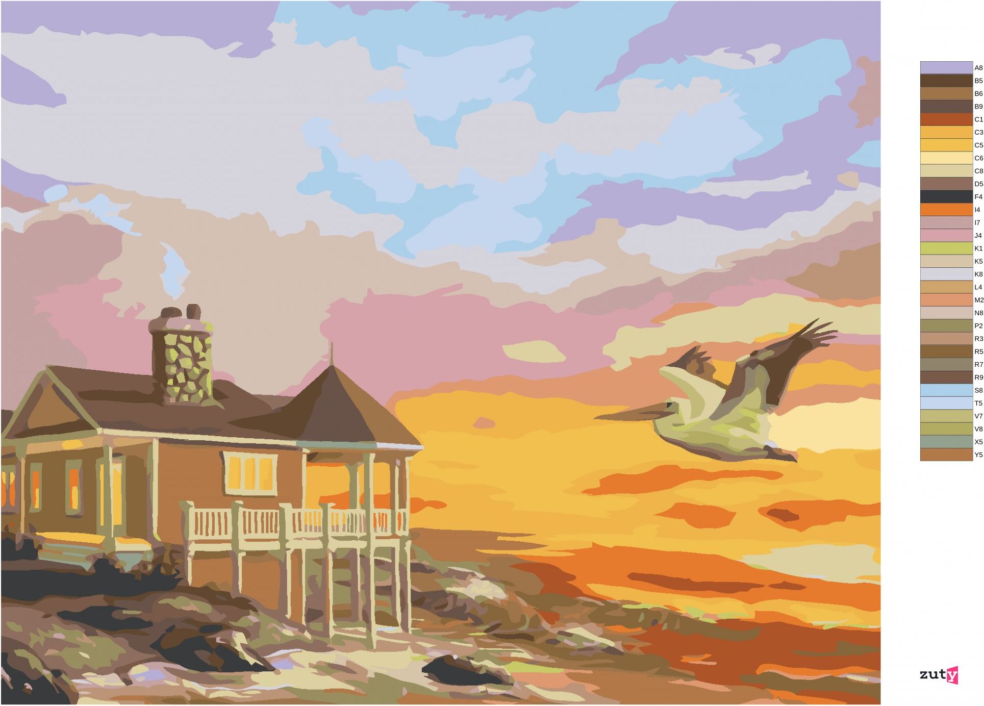 zuty Malování podle čísel - PELIKÁN, DŮM U MOŘE A ZÁPAD SLUNCE (D. RUSTY RUST) - Rozměr: 40x50 cm, Rámování: Varianta: vypnuté plátno na rám - obrázek 2