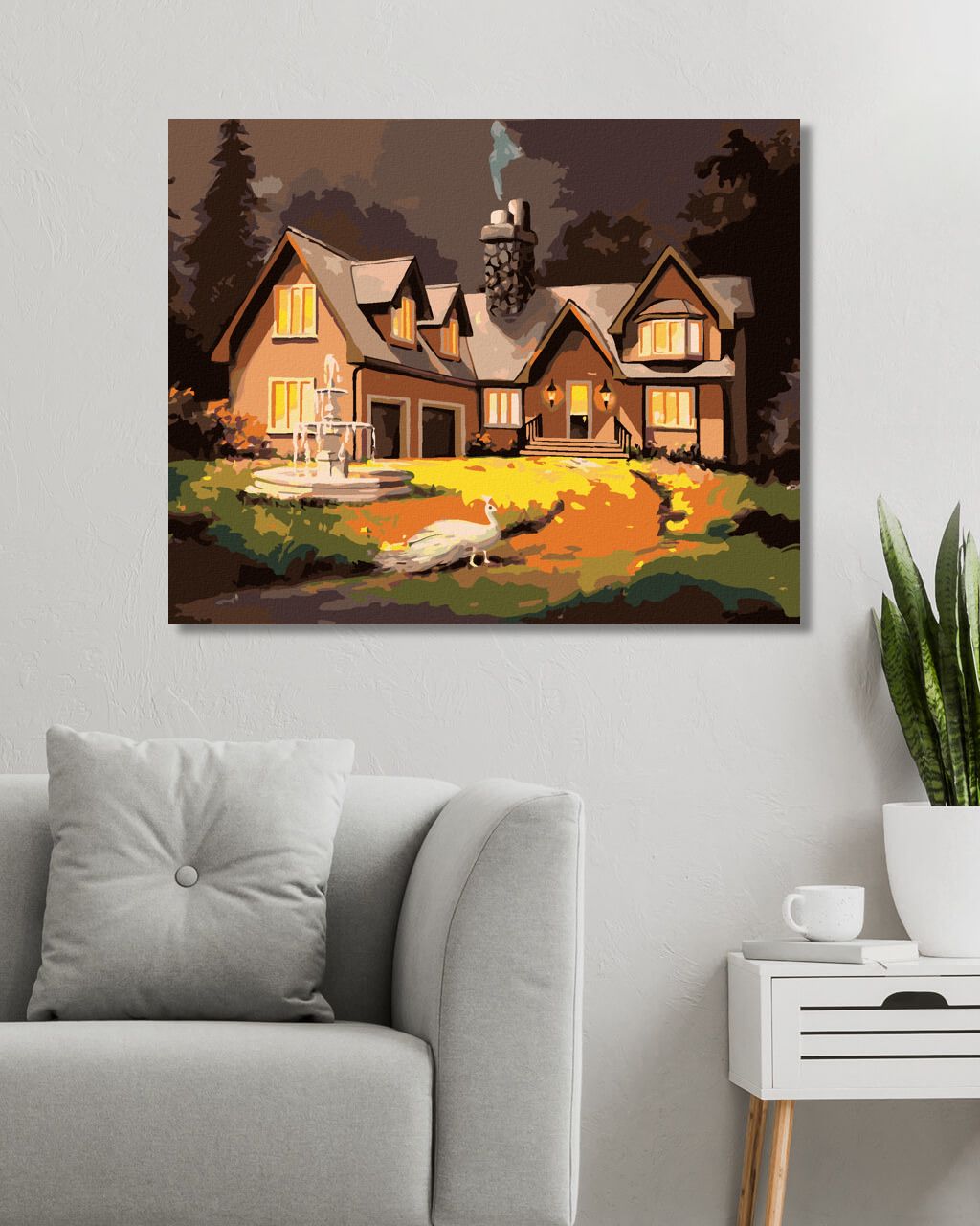 zuty Malování podle čísel - PÁV A DŮM S FONTÁNOU (D. RUSTY RUST) - Rozměr: 40x50 cm, Rámování: Varianta: bez rámu a bez vypnutí plátna - obrázek 2