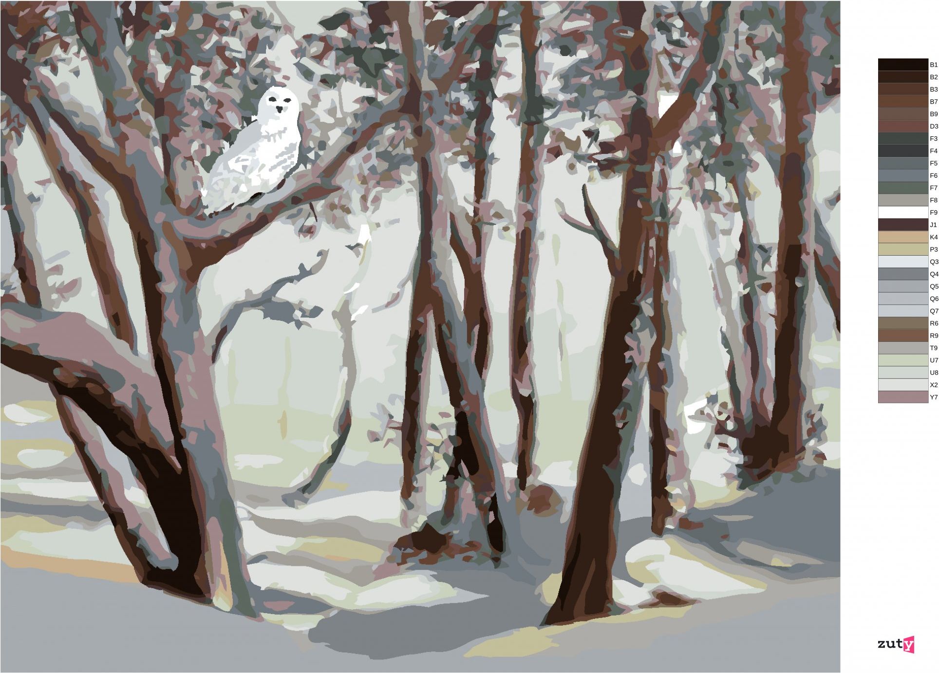 zuty Malování podle čísel - SNĚŽNÁ SOVA A LES V ZIMĚ (D. RUSTY RUST) - Rozměr: 40x50 cm, Rámování: Varianta: vypnuté plátno na rám - obrázek 8
