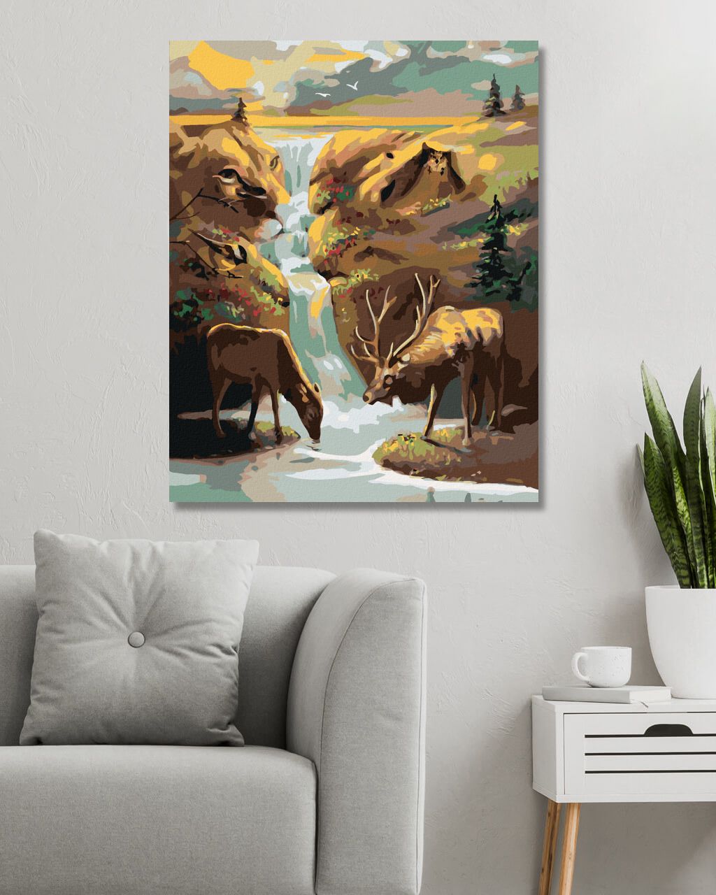 zuty Malování podle čísel - JELEN, VODOPÁD A ZÁPAD SLUNCE (D. RUSTY RUST) - Rozměr: 40x50 cm, Rámování: Varianta: vypnuté plátno na rám - obrázek 4