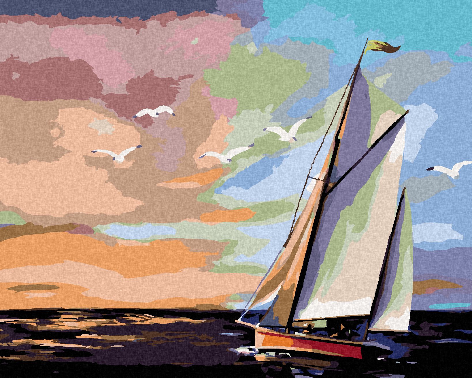 zuty Malování podle čísel - PLACHETNICE A BAREVNÝ ZÁPAD SLUNCE (D. RUSTY RUST) - Rozměr: 40x50 cm, Rámování: Varianta: vypnuté plátno na rám - obrázek 1