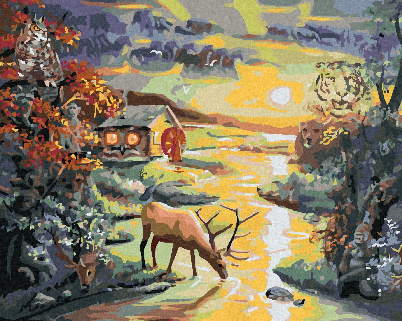 zuty Malování podle čísel - JELEN V ŘECE, ILUZE ZVÍŘAT A ZÁPAD SLUNCE (D. RUSTY RUST) - Rozměr: 40x50 cm, Rámování: Varianta: vypnuté plátno na rám - obrázek 1