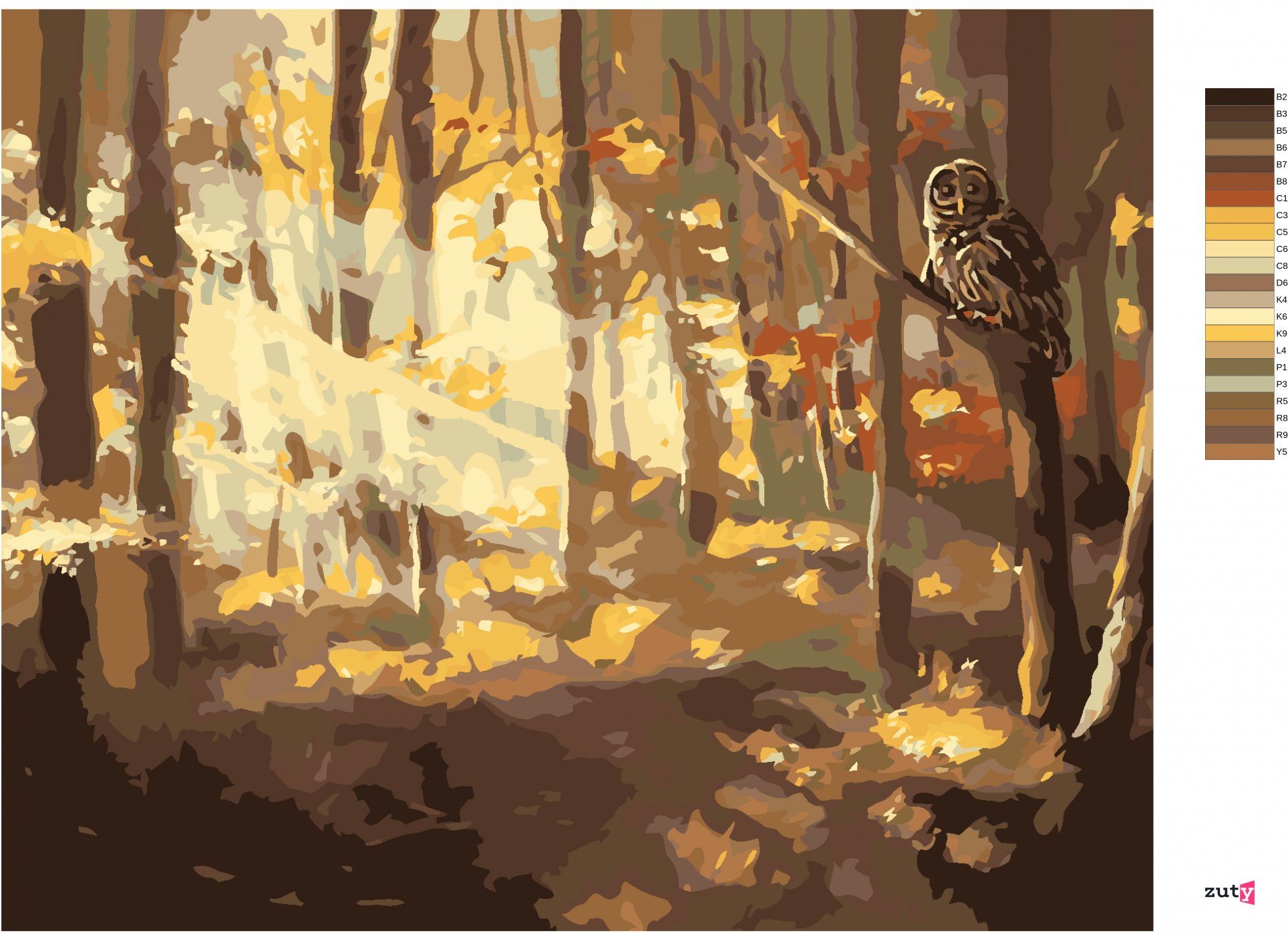 zuty Malování podle čísel - SOVA A LES NA PODZIM (D. RUSTY RUST) - Rozměr: 40x50 cm, Rámování: Varianta: bez rámu a bez vypnutí plátna - obrázek 9
