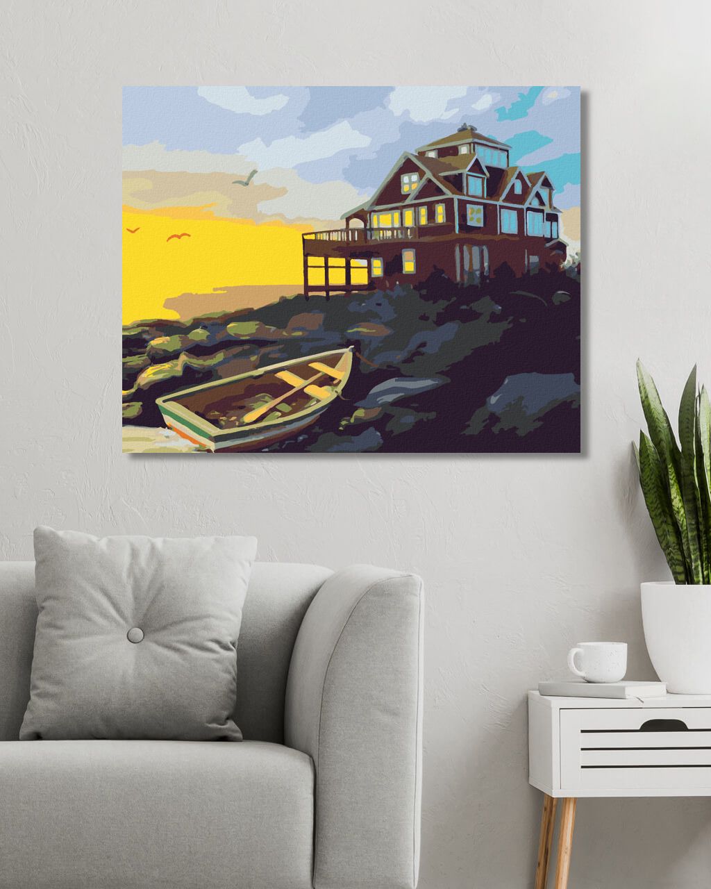 zuty Malování podle čísel - LOĎKA, DŮM U POBŘEŽÍ A ZÁPAD SLUNCE (D. RUSTY RUST) - Rozměr: 40x50 cm, Rámování: Varianta: bez rámu a bez vypnutí plátna - obrázek 7