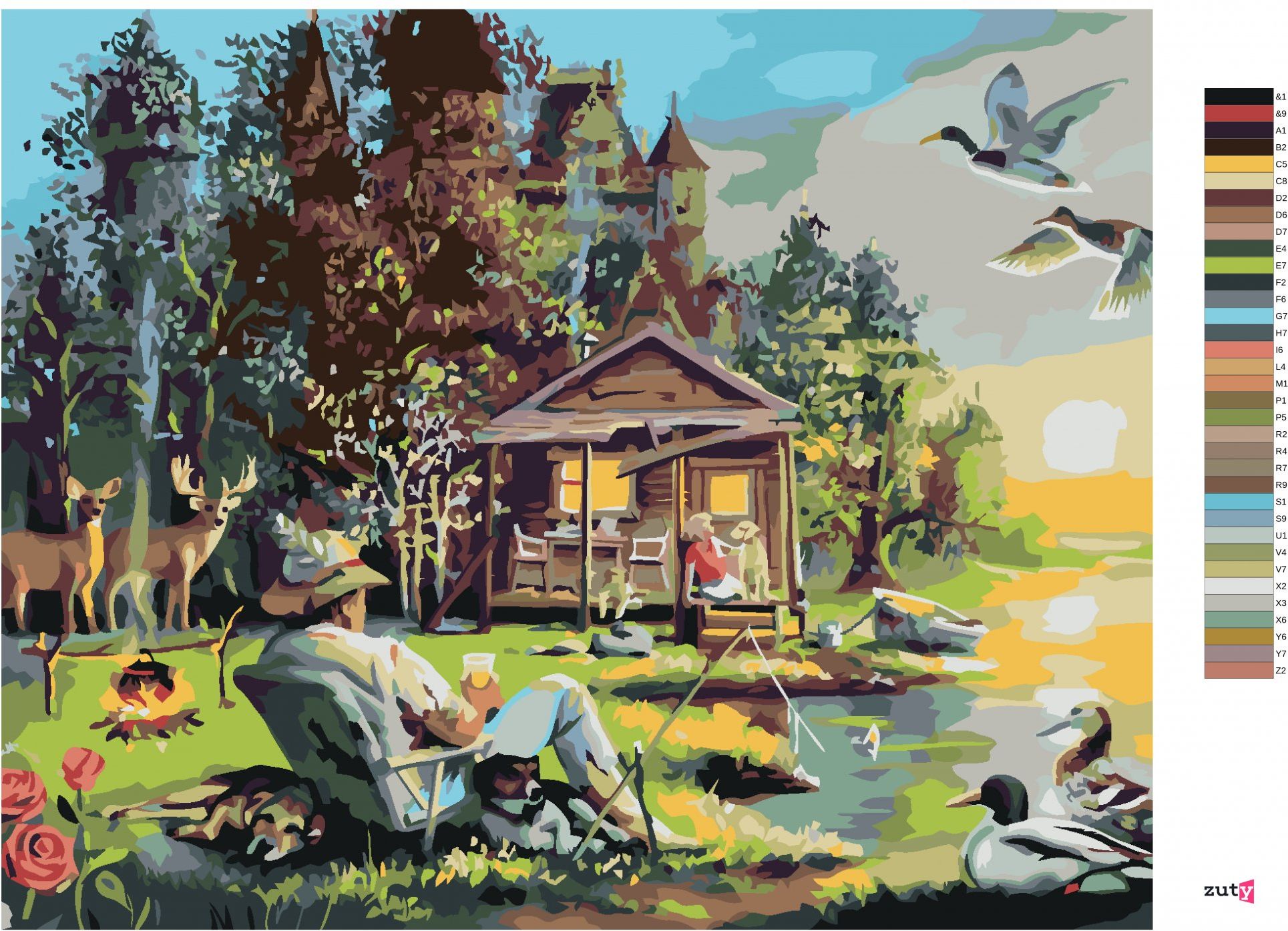 zuty Malování podle čísel - MUŽ SE PSY RYBAŘÍCÍ U JEZERA, CHATA, KACHNY A JELEN (D. RUSTY RUST) - Rozměr: 40x50 cm, Rámování: Varianta: bez rámu a bez vypnutí plátna - obrázek 9