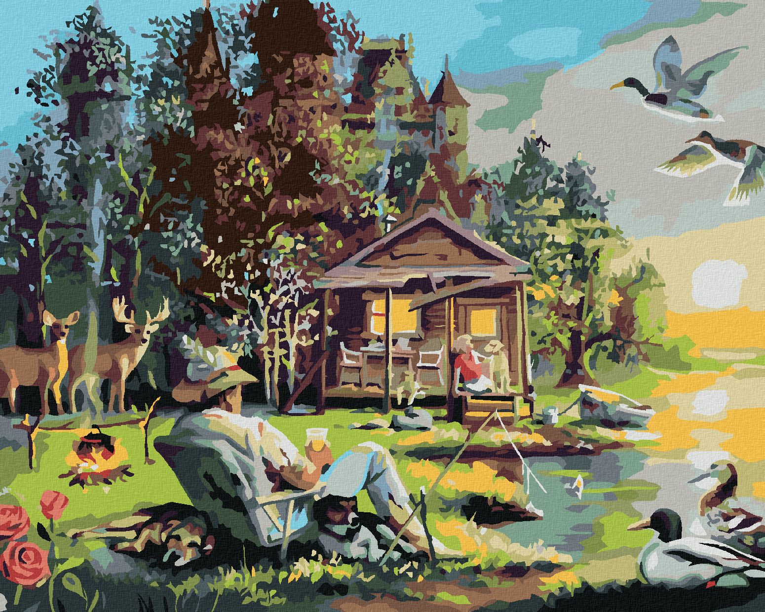 zuty Malování podle čísel - MUŽ SE PSY RYBAŘÍCÍ U JEZERA, CHATA, KACHNY A JELEN (D. RUSTY RUST) - Rozměr: 40x50 cm, Rámování: Varianta: vypnuté plátno na rám - obrázek 1