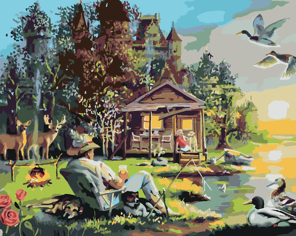 zuty Malování podle čísel - MUŽ SE PSY RYBAŘÍCÍ U JEZERA, CHATA, KACHNY A JELEN (D. RUSTY RUST) - Rozměr: 40x50 cm, Rámování: Varianta: vypnuté plátno na rám - obrázek 4