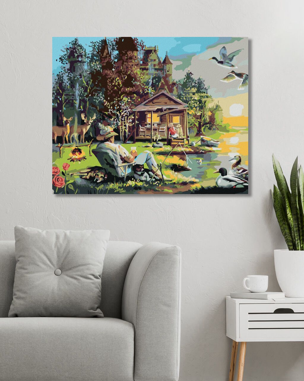 zuty Malování podle čísel - MUŽ SE PSY RYBAŘÍCÍ U JEZERA, CHATA, KACHNY A JELEN (D. RUSTY RUST) - Rozměr: 40x50 cm, Rámování: Varianta: vypnuté plátno na rám - obrázek 6