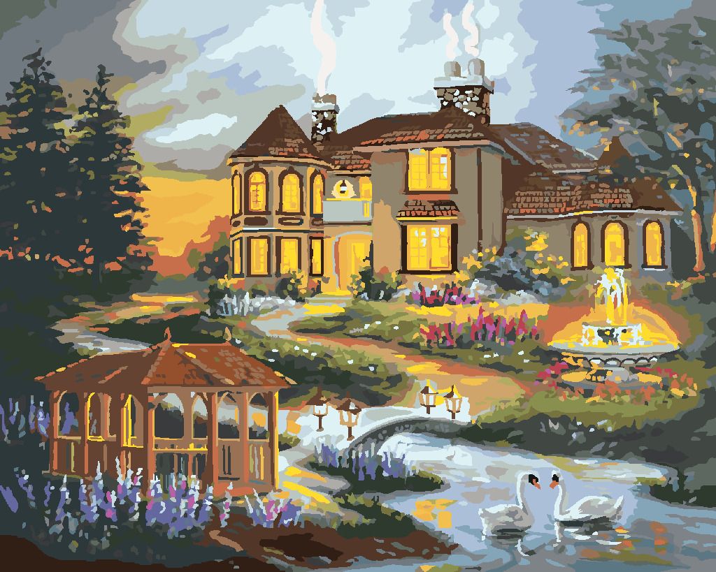 zuty Malování podle čísel - LABUTĚ, ALTÁN A FONTÁNA U DOMU (D. RUSTY RUST) - Rozměr: 40x50 cm, Rámování: Varianta: vypnuté plátno na rám - obrázek 6