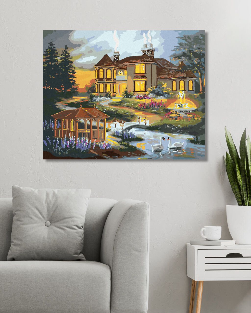 zuty Malování podle čísel - LABUTĚ, ALTÁN A FONTÁNA U DOMU (D. RUSTY RUST) - Rozměr: 40x50 cm, Rámování: Varianta: vypnuté plátno na rám - obrázek 7