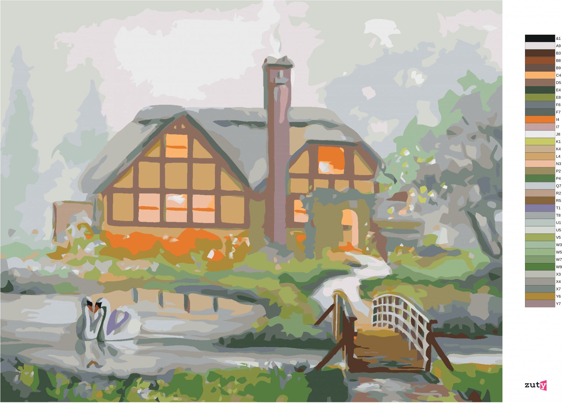zuty Malování podle čísel - LABUTĚ A DŮM V MLZE (D. RUSTY RUST) - Rozměr: 40x50 cm, Rámování: Varianta: bez rámu a bez vypnutí plátna - obrázek 2