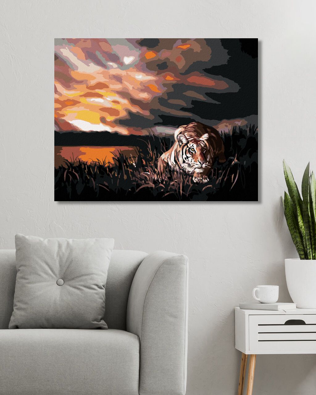zuty Malování podle čísel - ČÍHAJÍCÍ TYGR A ZÁPAD SLUNCE (D. RUSTY RUST) - Rozměr: 40x50 cm, Rámování: Varianta: vypnuté plátno na rám - obrázek 9