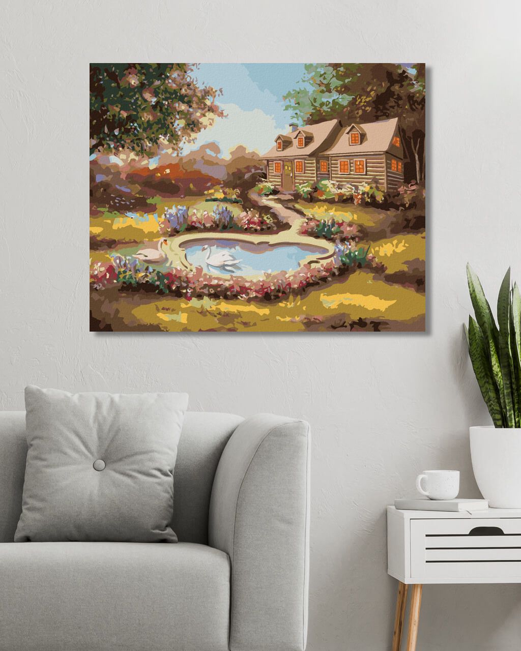 zuty Malování podle čísel - LABUTĚ, KVĚTINY A DŮM (D. RUSTY RUST) - Rozměr: 40x50 cm, Rámování: Varianta: bez rámu a bez vypnutí plátna - obrázek 6