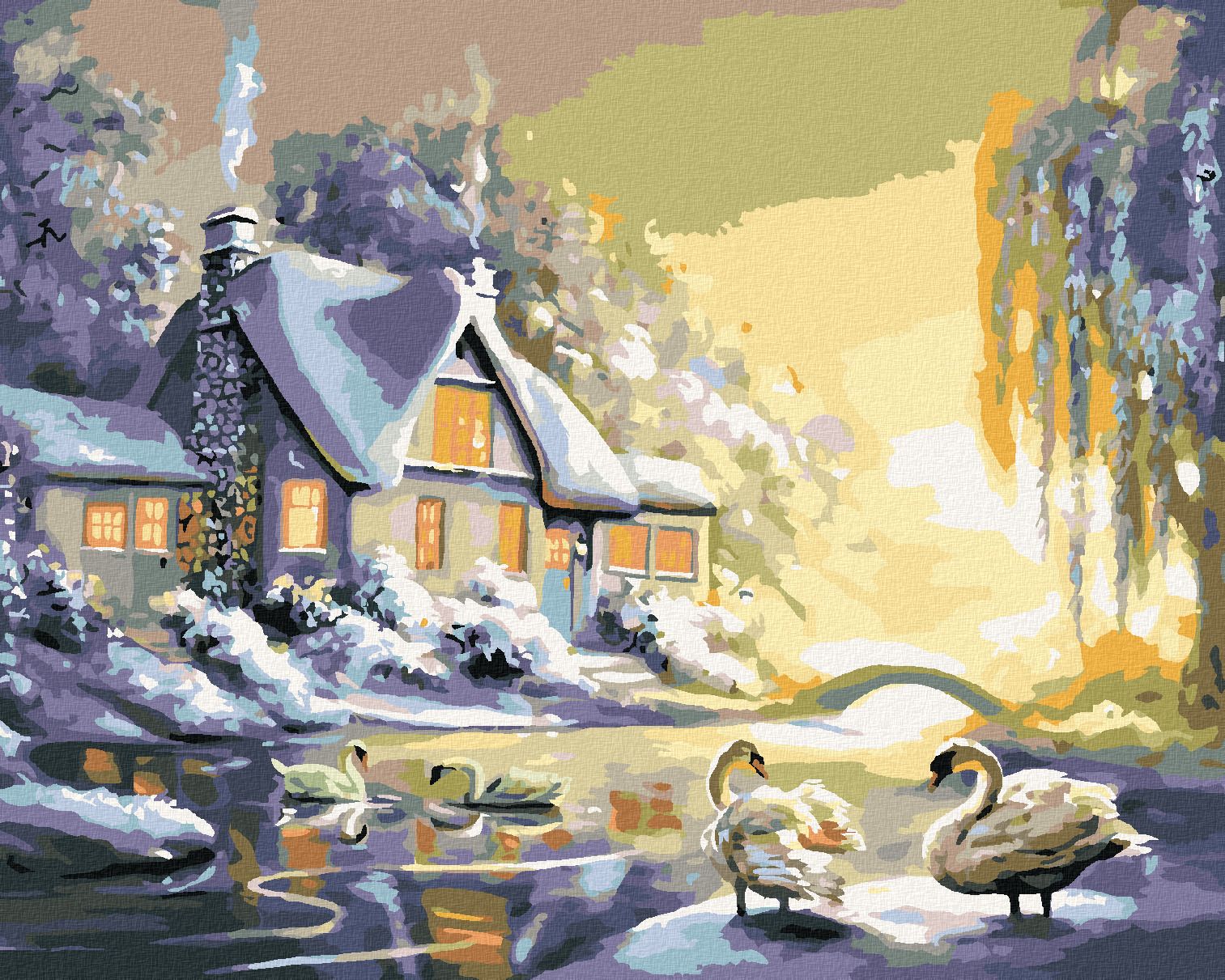 zuty Malování podle čísel - LABUTĚ A DŮM V ZIMĚ (D. RUSTY RUST) - Rozměr: 40x50 cm, Rámování: Varianta: vypnuté plátno na rám - obrázek 1