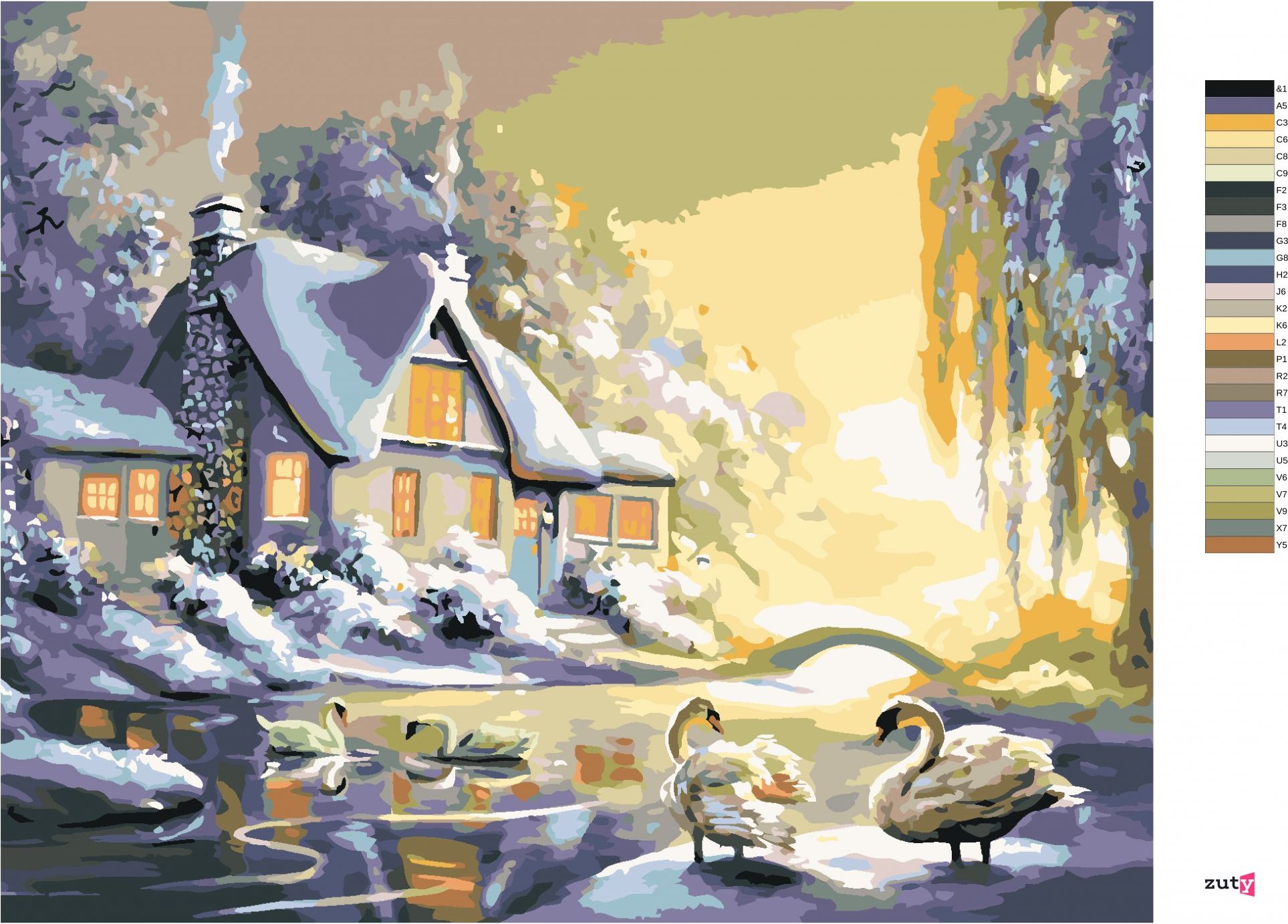 zuty Malování podle čísel - LABUTĚ A DŮM V ZIMĚ (D. RUSTY RUST) - Rozměr: 40x50 cm, Rámování: Varianta: vypnuté plátno na rám - obrázek 2