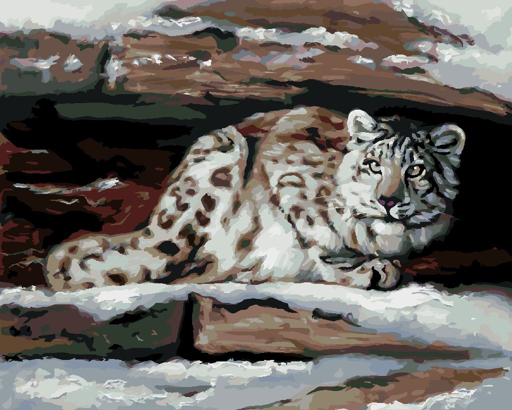 zuty Malování podle čísel - SNĚŽNÝ LEOPARD V ÚKRYTU (D. RUSTY RUST) - Rozměr: 40x50 cm, Rámování: Varianta: vypnuté plátno na rám - obrázek 3