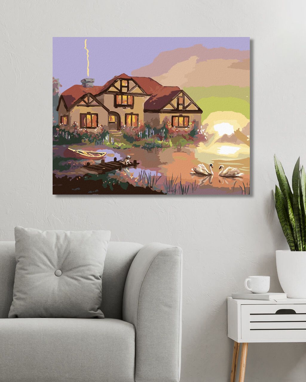 zuty Malování podle čísel - LABUTĚ, DŮM A ZÁPAD SLUNCE (D. RUSTY RUST) - Rozměr: 40x50 cm, Rámování: Varianta: bez rámu a bez vypnutí plátna - obrázek 5