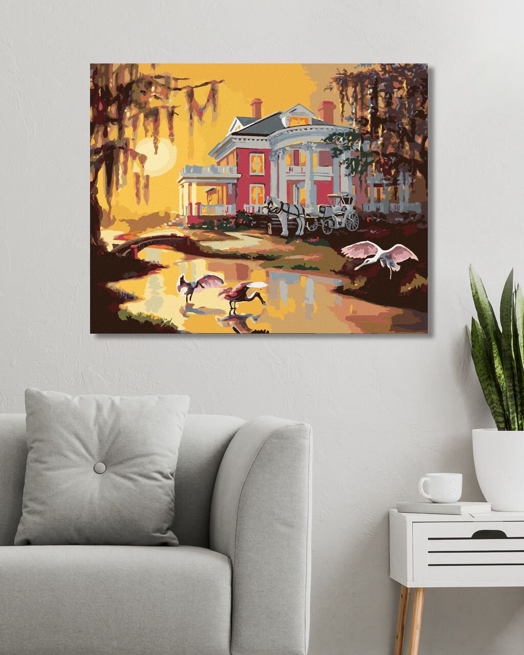 zuty Malování podle čísel - KOČÁR S BÍLÝM KONĚM U DOMU, PTÁCI A ZÁPAD SLUNCE (D. RUSTY RUST) - Rozměr: 40x50 cm, Rámování: Varianta: vypnuté plátno na rám - obrázek 8