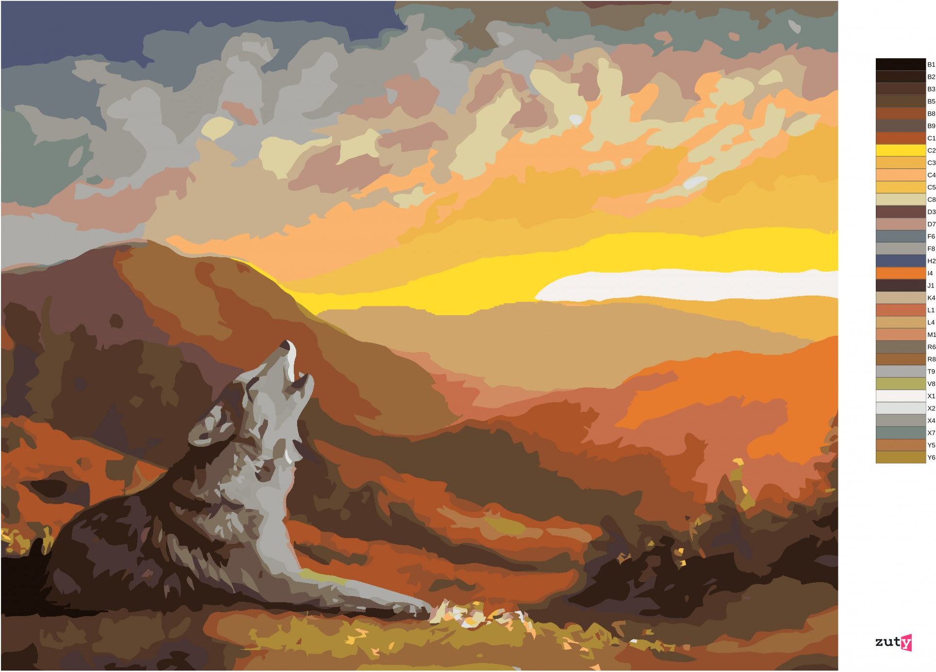 zuty Malování podle čísel - VYJÍCÍ VLK, ZÁPAD SLUNCE A HORY (D. RUSTY RUST) - Rozměr: 40x50 cm, Rámování: Varianta: bez rámu a bez vypnutí plátna - obrázek 6