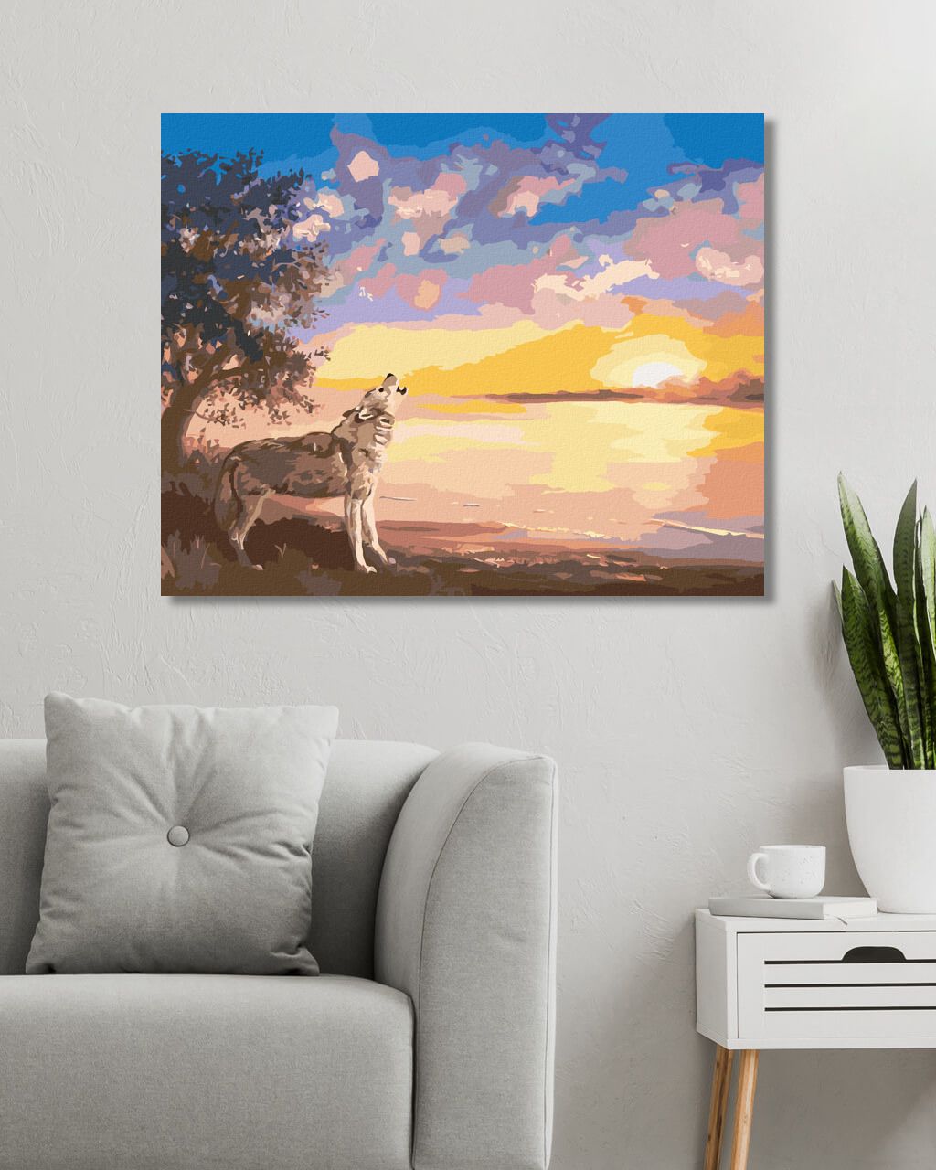 zuty Malování podle čísel - VYJÍCÍ VLK A ZÁPAD SLUNCE U VODY (D. RUSTY RUST) - Rozměr: 40x50 cm, Rámování: Varianta: bez rámu a bez vypnutí plátna - obrázek 2