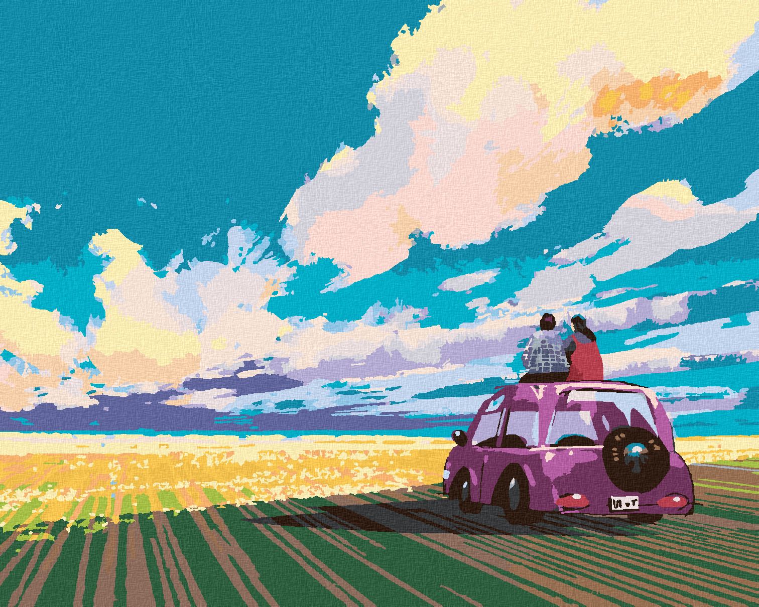 zuty Malování podle čísel - MLADÝ PÁR SEDÍCÍ NA AUTĚ NA POLI - Rozměr: 40x50 cm, Rámování: Varianta: vypnuté plátno na rám - obrázek 1