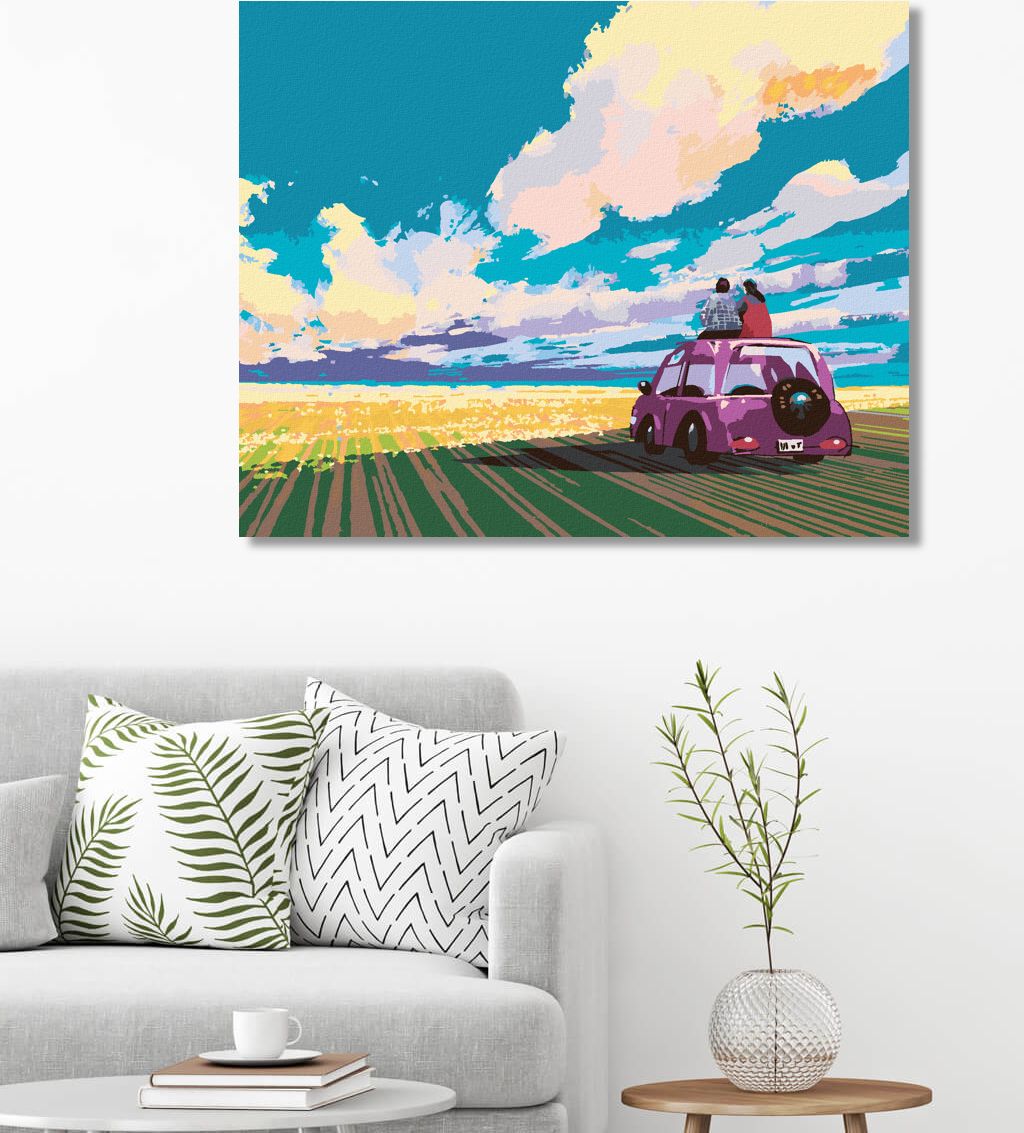 zuty Malování podle čísel - MLADÝ PÁR SEDÍCÍ NA AUTĚ NA POLI - Rozměr: 40x50 cm, Rámování: Varianta: vypnuté plátno na rám - obrázek 5
