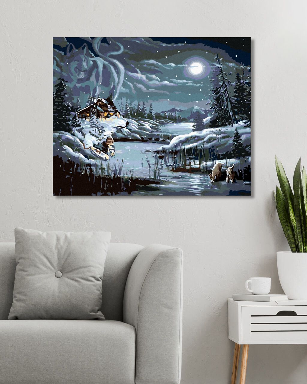 zuty Malování podle čísel - ÚPLNĚK, CHATA A VLK V ZIMĚ (D. RUSTY RUST) - Rozměr: 40x50 cm, Rámování: Varianta: vypnuté plátno na rám - obrázek 2