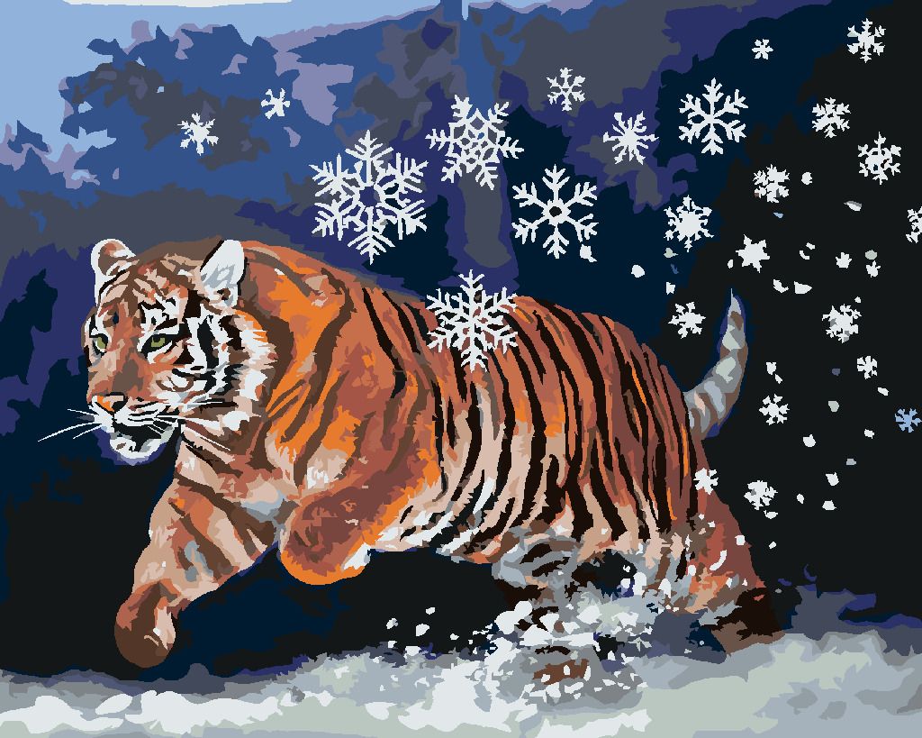 zuty Malování podle čísel - TYGR A SNĚHOVÉ VLOČKY (D. RUSTY RUST) - Rozměr: 40x50 cm, Rámování: Varianta: vypnuté plátno na rám - obrázek 5
