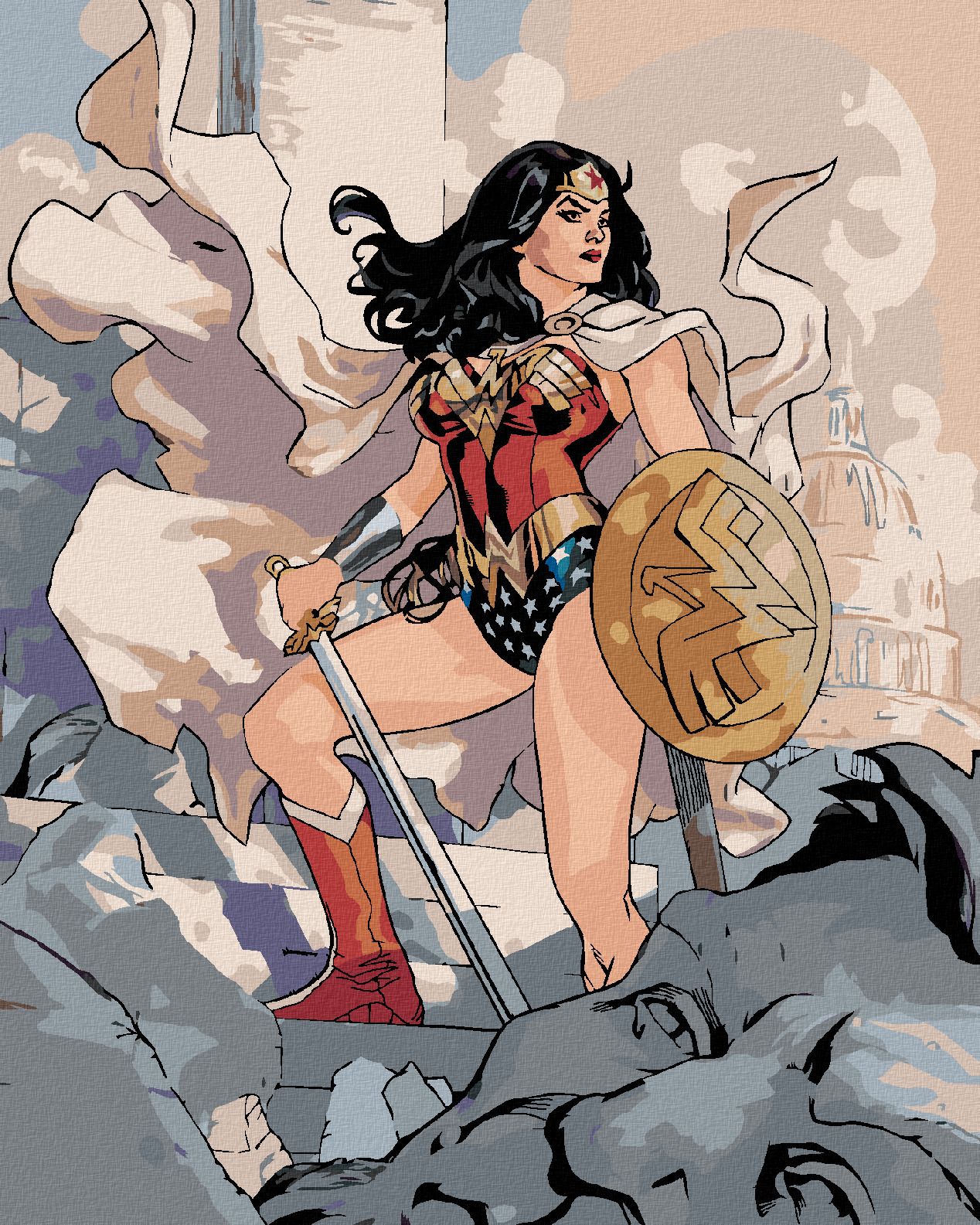 zuty Malování podle čísel - WONDER WOMAN A ZŘÍCENINA - Rozměr: 40x50 cm, Rámování: Varianta: bez rámu a bez vypnutí plátna - obrázek 1