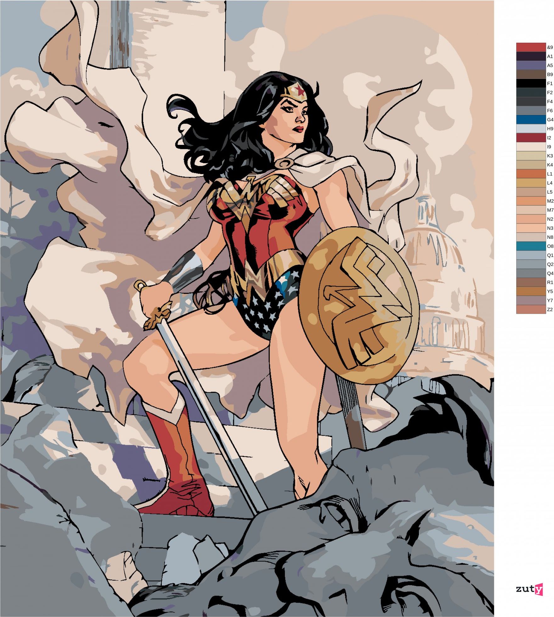 zuty Malování podle čísel - WONDER WOMAN A ZŘÍCENINA - Rozměr: 40x50 cm, Rámování: Varianta: bez rámu a bez vypnutí plátna - obrázek 8