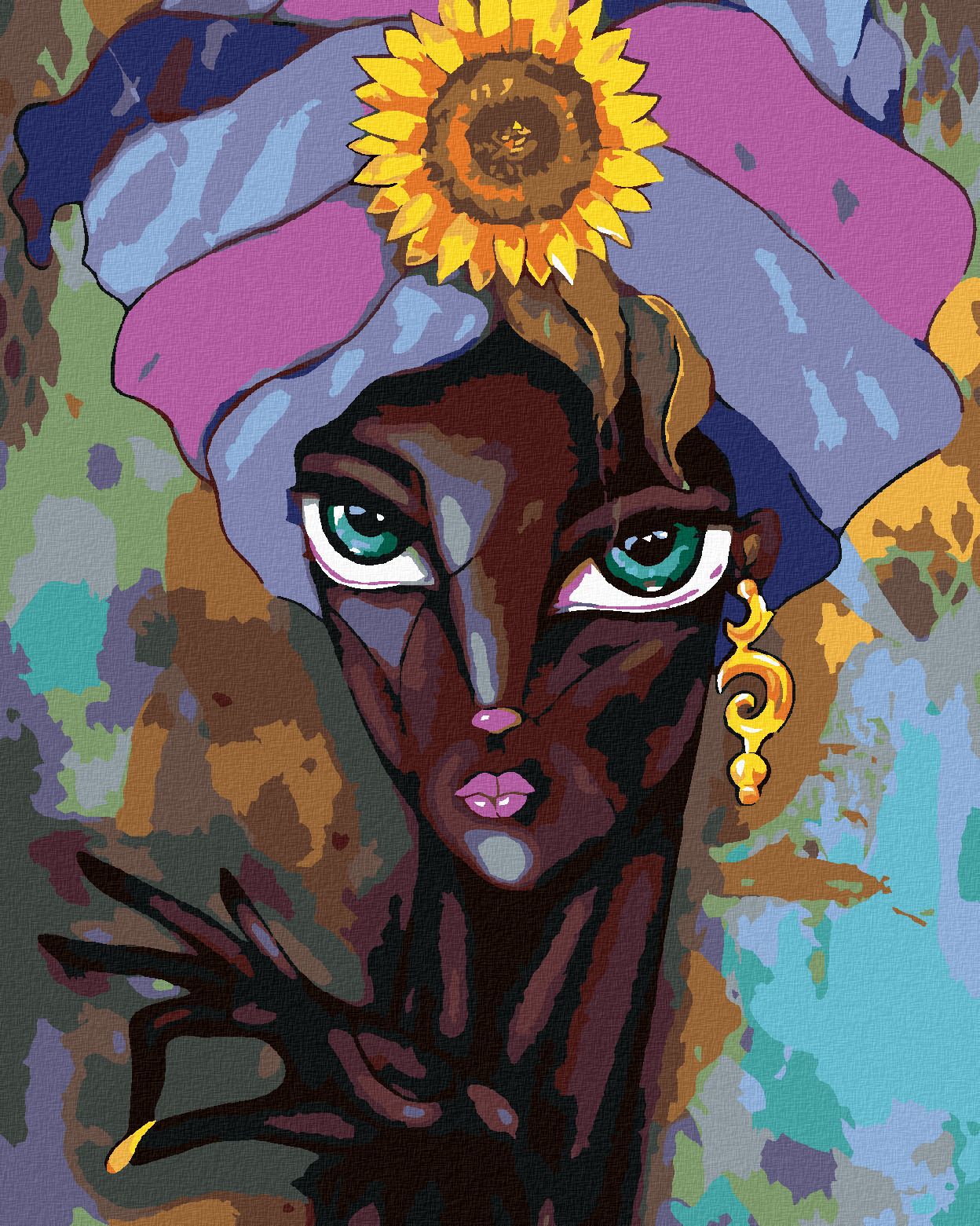 zuty Malování podle čísel - AFRICKÁ ŽENA SE SLUNEČNICÍ - Rozměr: 40x50 cm, Rámování: Varianta: bez rámu a bez vypnutí plátna - obrázek 1