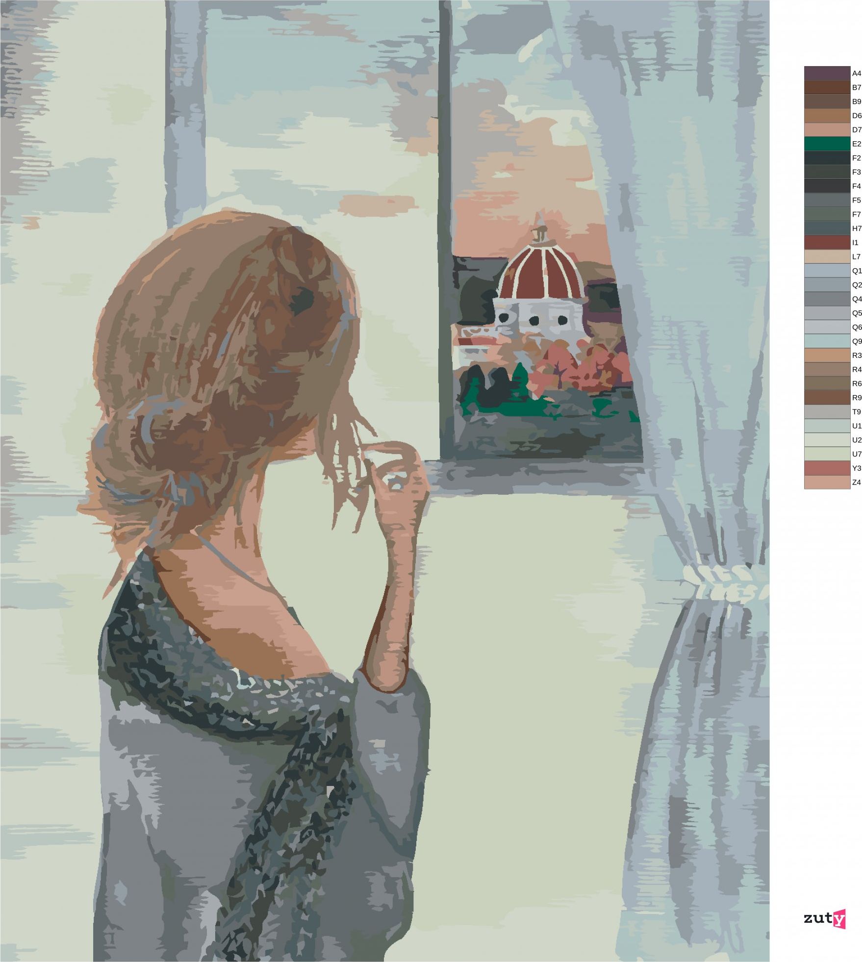zuty Malování podle čísel - ŽENA U OKNA S VÝHLEDEM NA KATEDRÁLU SANTA MARIA - Rozměr: 40x50 cm, Rámování: Varianta: vypnuté plátno na rám - obrázek 5