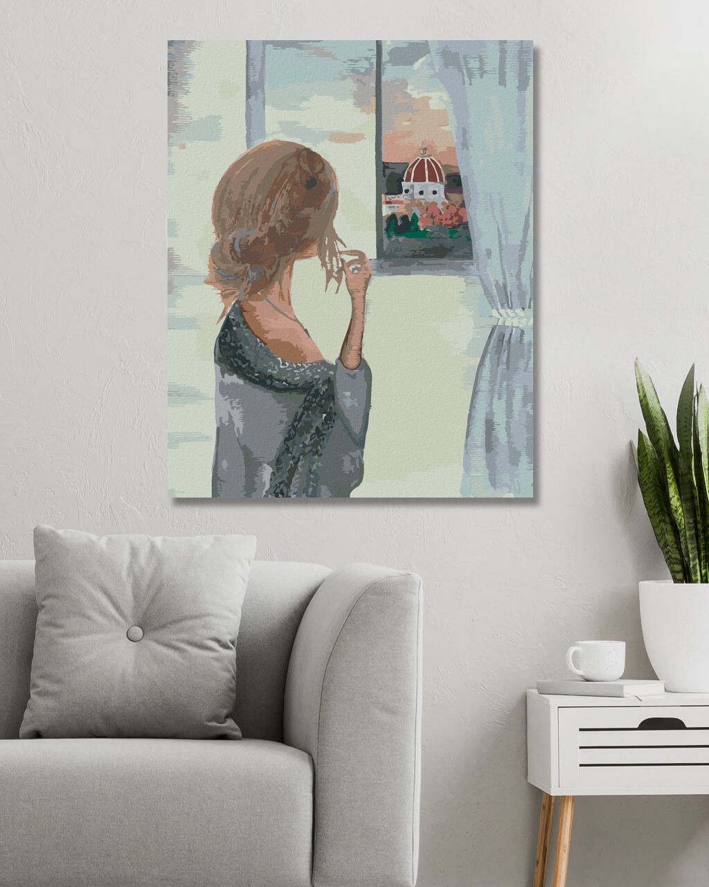 zuty Malování podle čísel - ŽENA U OKNA S VÝHLEDEM NA KATEDRÁLU SANTA MARIA - Rozměr: 40x50 cm, Rámování: Varianta: vypnuté plátno na rám - obrázek 6
