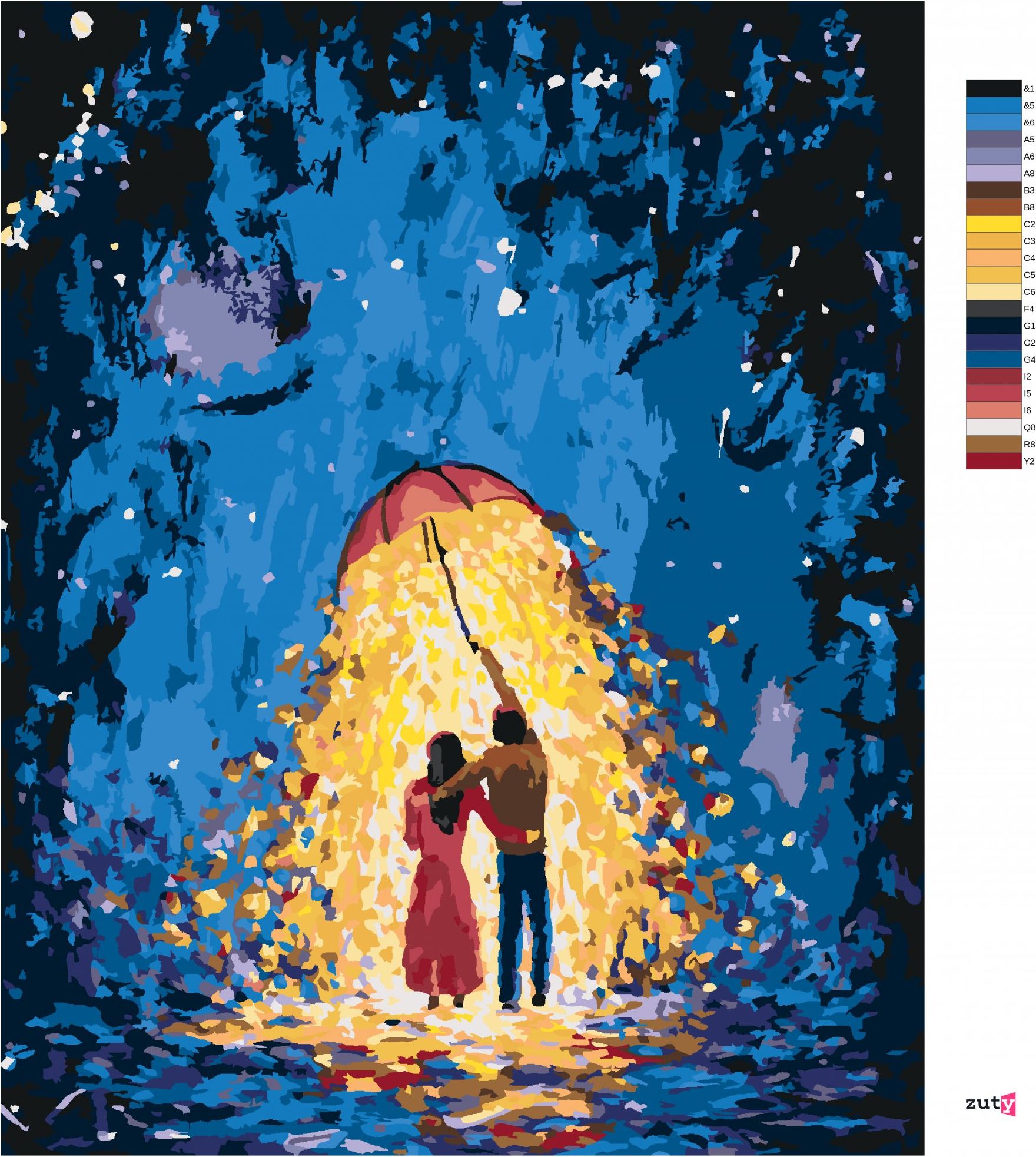 zuty Malování podle čísel - MILENCI SE ZÁŘICÍM DEŠTNÍKEM - Rozměr: 40x50 cm, Rámování: Varianta: vypnuté plátno na rám - obrázek 4
