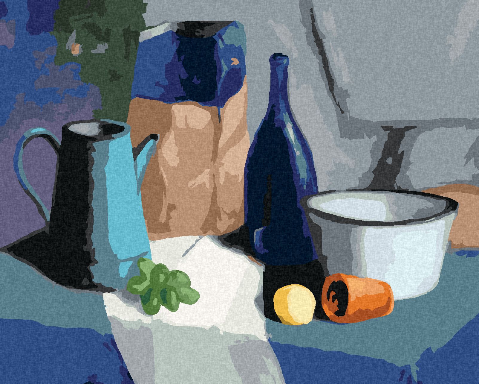 zuty Malování podle čísel - ZÁTIŠÍ HROZNŮ, LÁHVE, MISKY A MANDARINKY - Rozměr: 40x50 cm, Rámování: Varianta: bez rámu a bez vypnutí plátna - obrázek 1