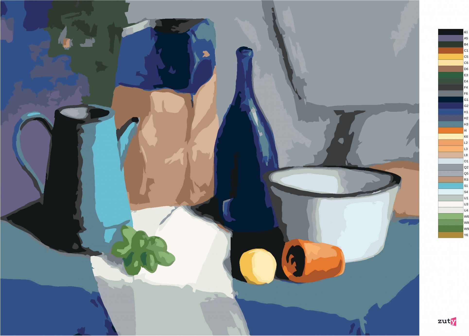 zuty Malování podle čísel - ZÁTIŠÍ HROZNŮ, LÁHVE, MISKY A MANDARINKY - Rozměr: 40x50 cm, Rámování: Varianta: bez rámu a bez vypnutí plátna - obrázek 4