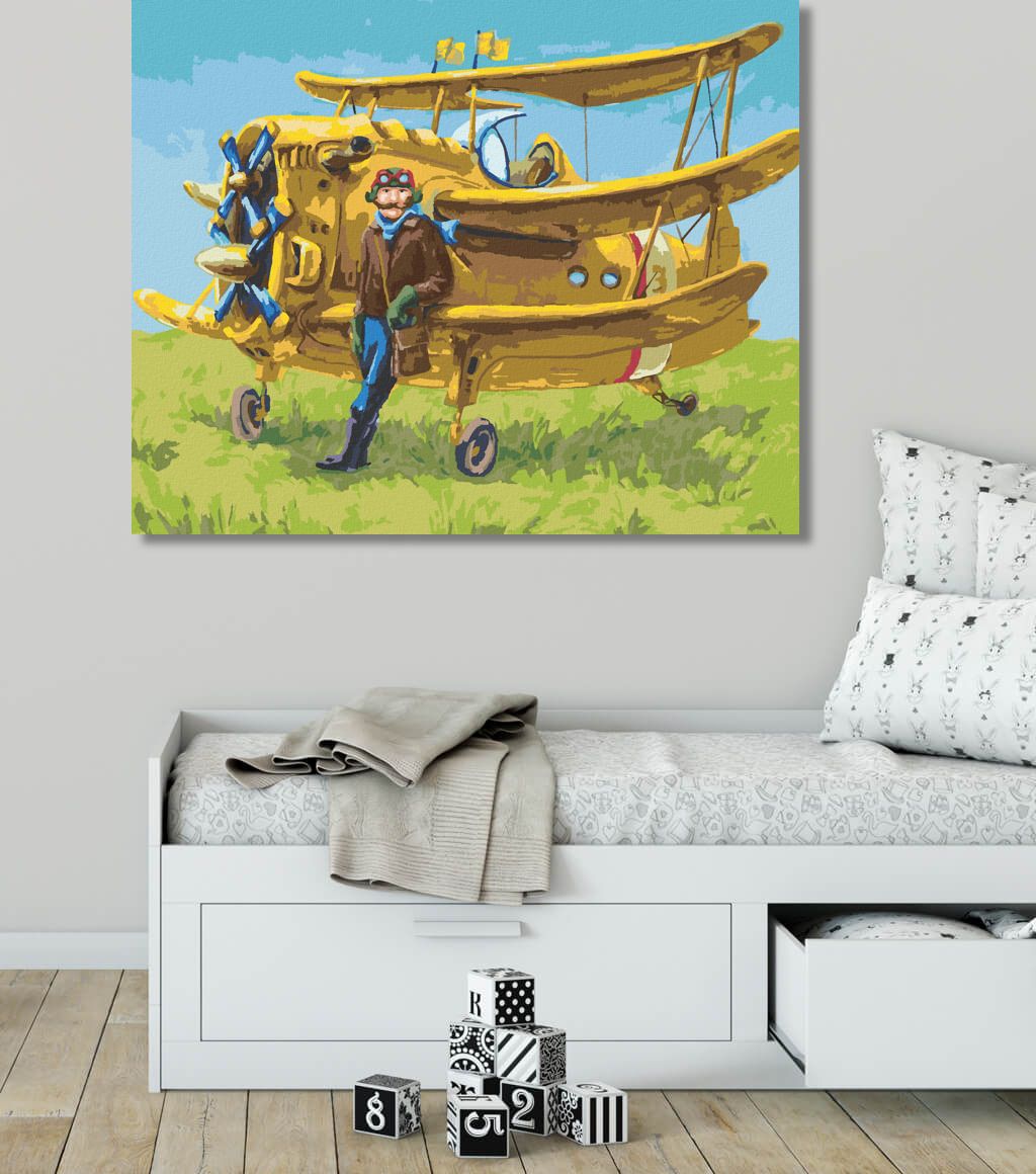 zuty Malování podle čísel - PILOT A JEHO ŽLUTÉ LETADLO - Rozměr: 40x50 cm, Rámování: Varianta: vypnuté plátno na rám - obrázek 5