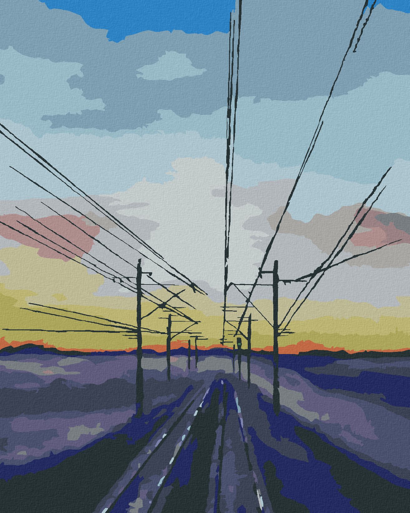 zuty Malování podle čísel - ZAPADAJÍCÍ SLUNCE NAD VLAKOVÝMI KOLEJEMI - Rozměr: 40x50 cm, Rámování: Varianta: vypnuté plátno na rám - obrázek 1