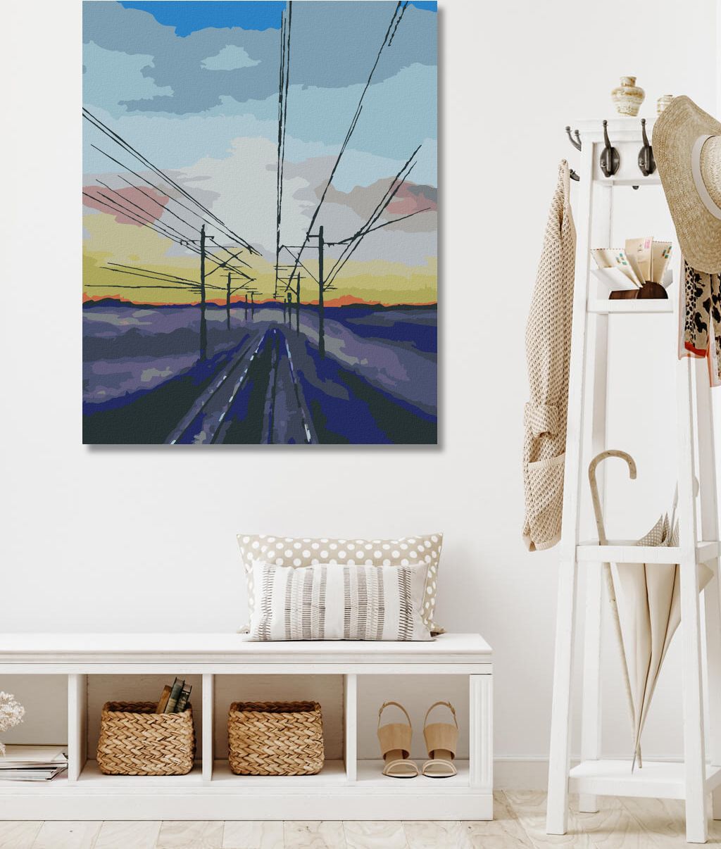 zuty Malování podle čísel - ZAPADAJÍCÍ SLUNCE NAD VLAKOVÝMI KOLEJEMI - Rozměr: 40x50 cm, Rámování: Varianta: vypnuté plátno na rám - obrázek 2