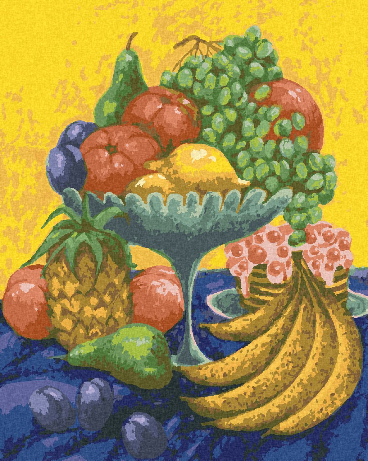 zuty Malování podle čísel - ZÁTIŠÍ S OVOCEM NA ŽLUTOMODRÉM POZADÍ - Rozměr: 40x50 cm, Rámování: Varianta: bez rámu a bez vypnutí plátna - obrázek 1